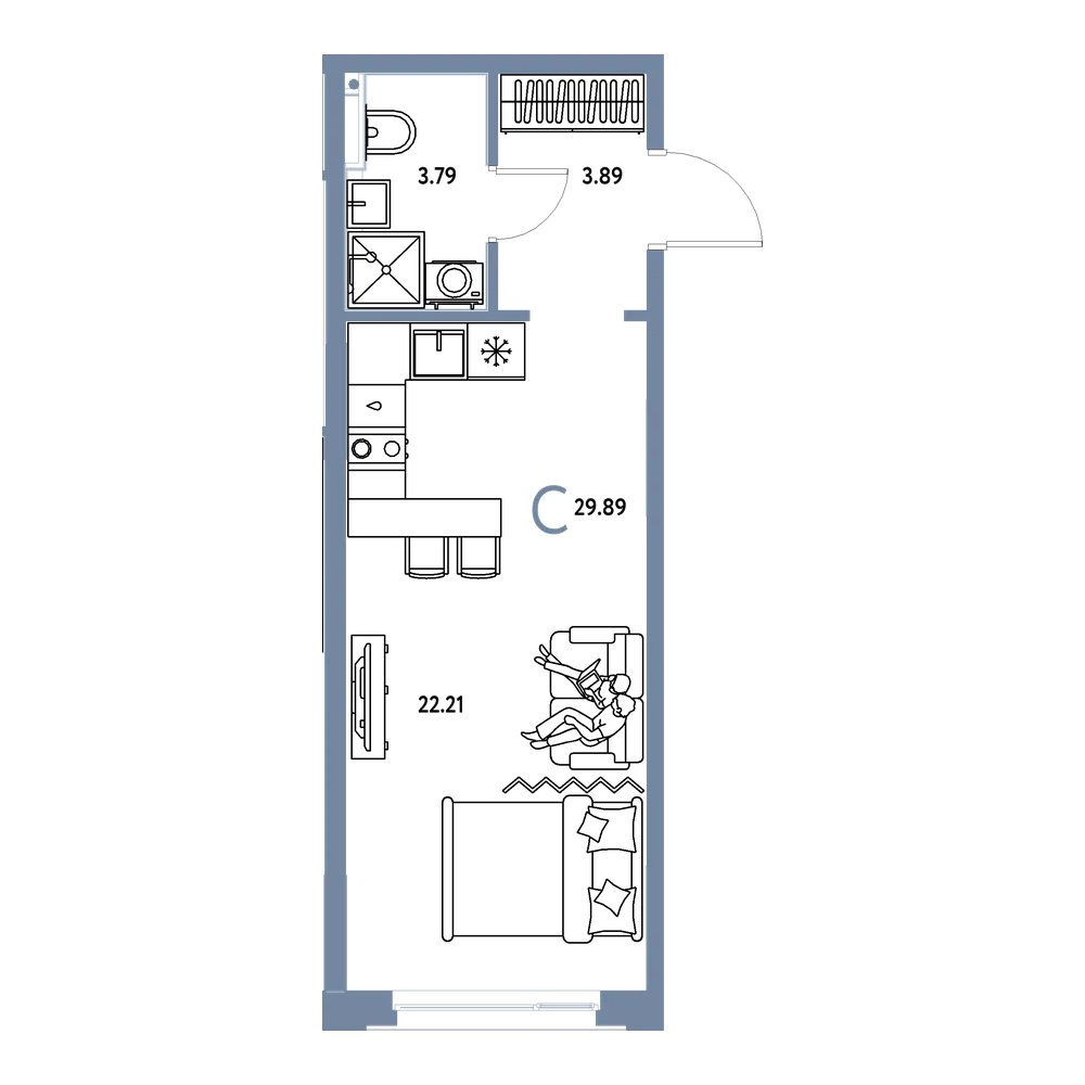Планировка: Студия 29,89 м²