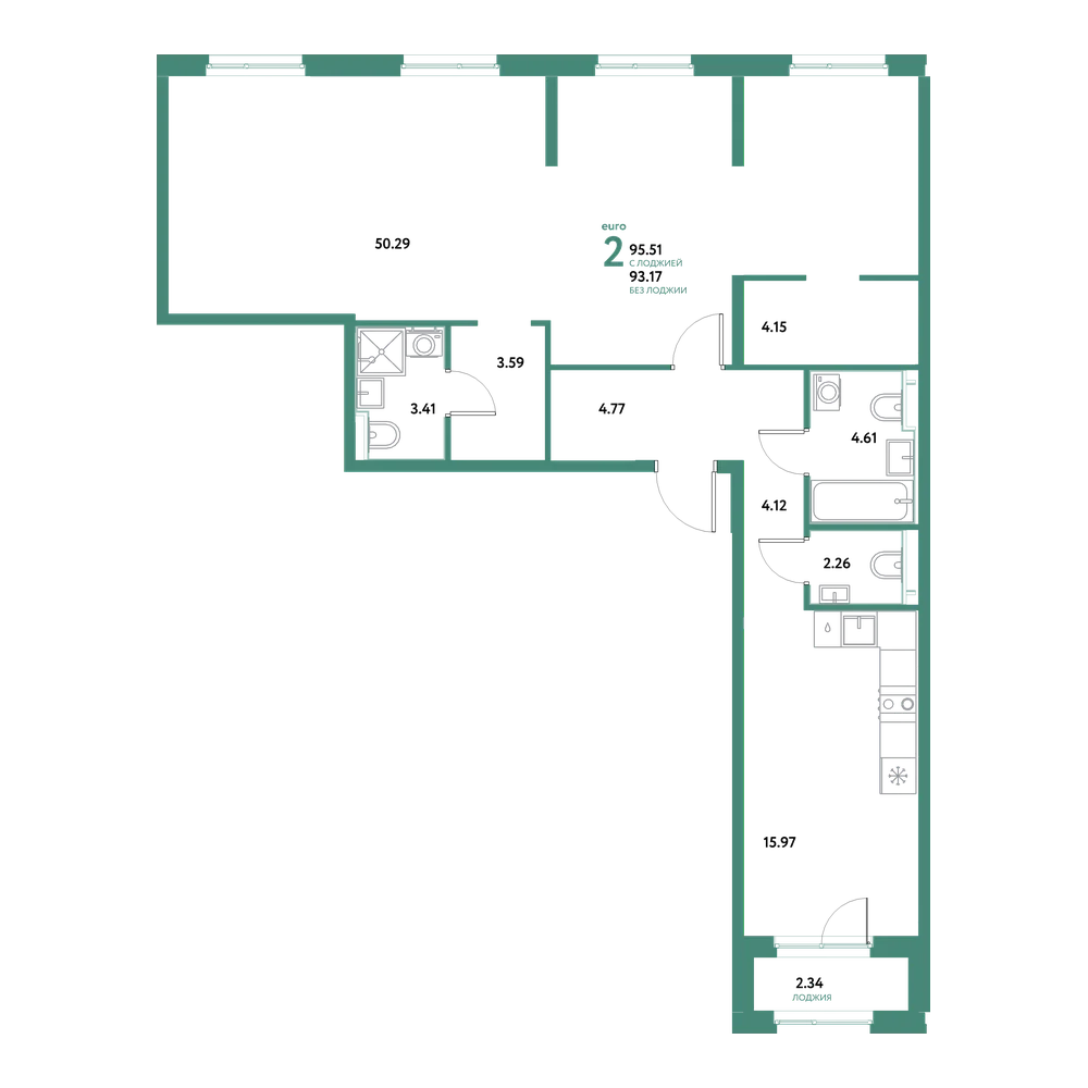 Планировка: 2-комнатная 95,51 м²