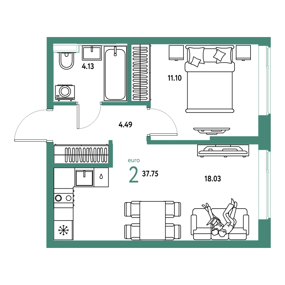 Планировка: Евродвушка 37,75 м²