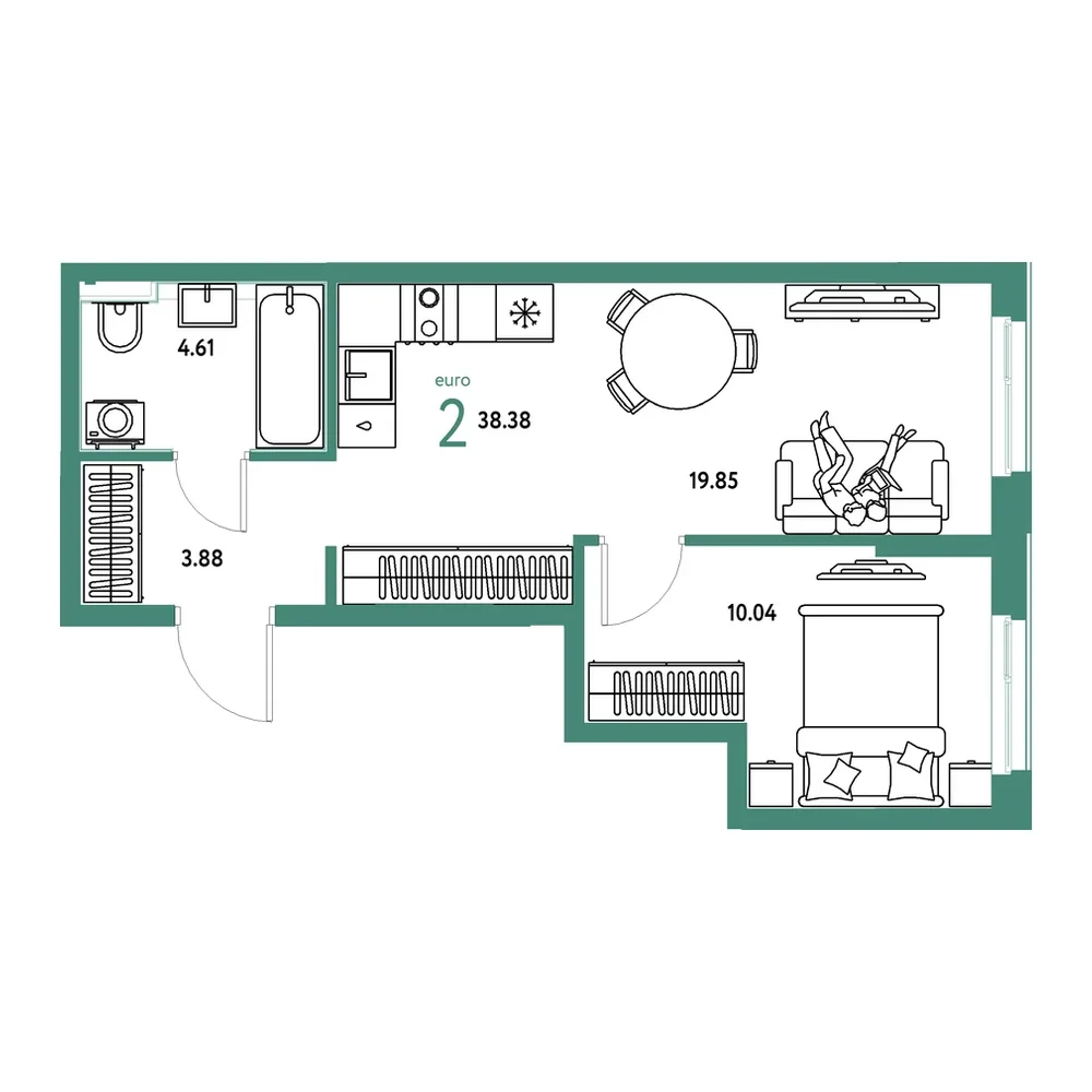 Планировка: Евродвушка 38,38 м²