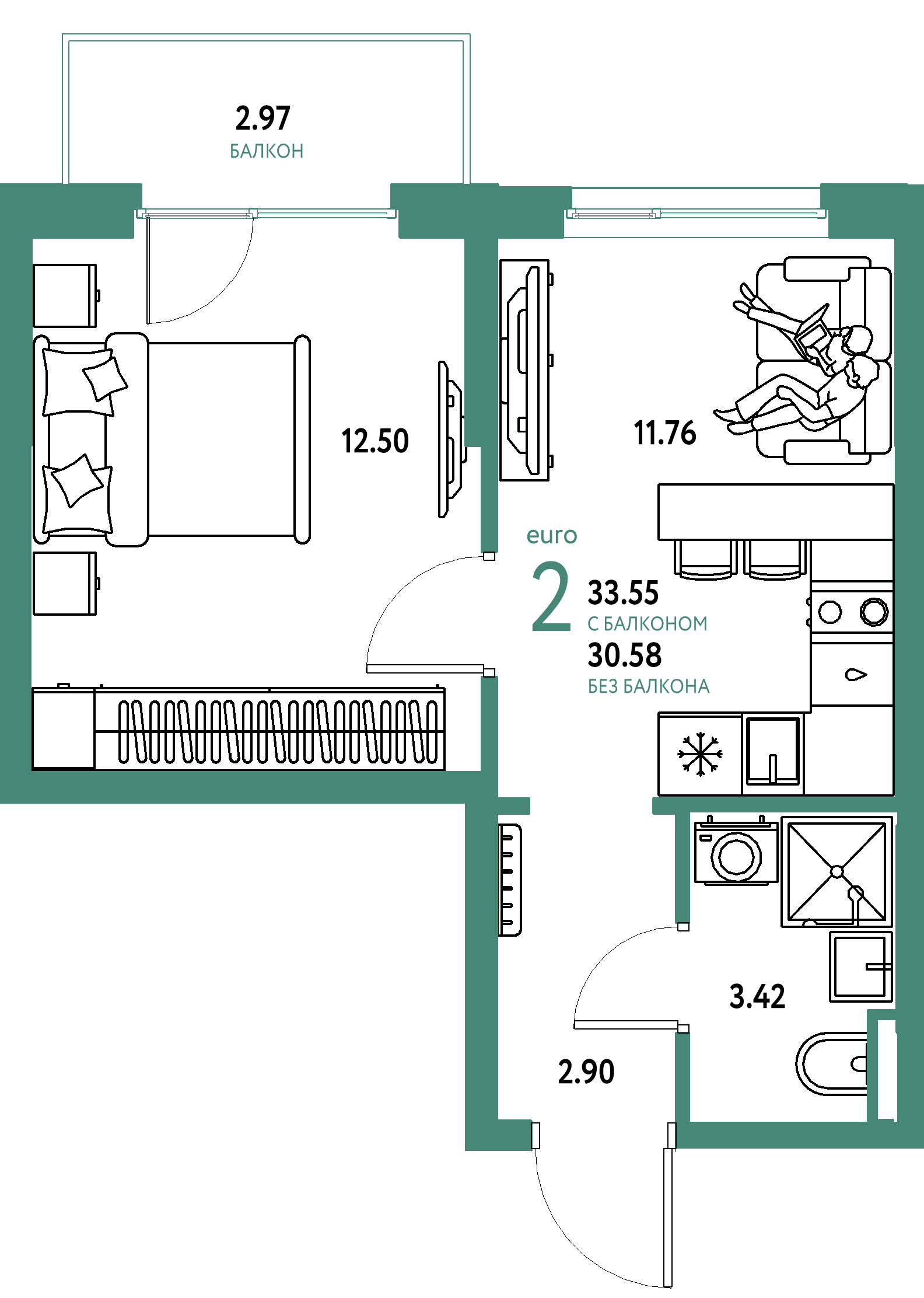 Планировка: Евродвушка 33,55 м² в ЖК «Остров-сад»