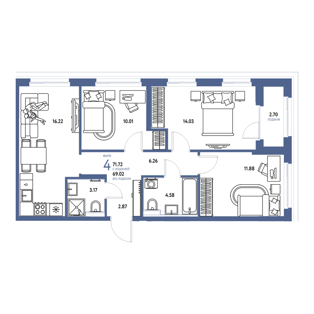 Планировка: Евро-4 71,72 м²