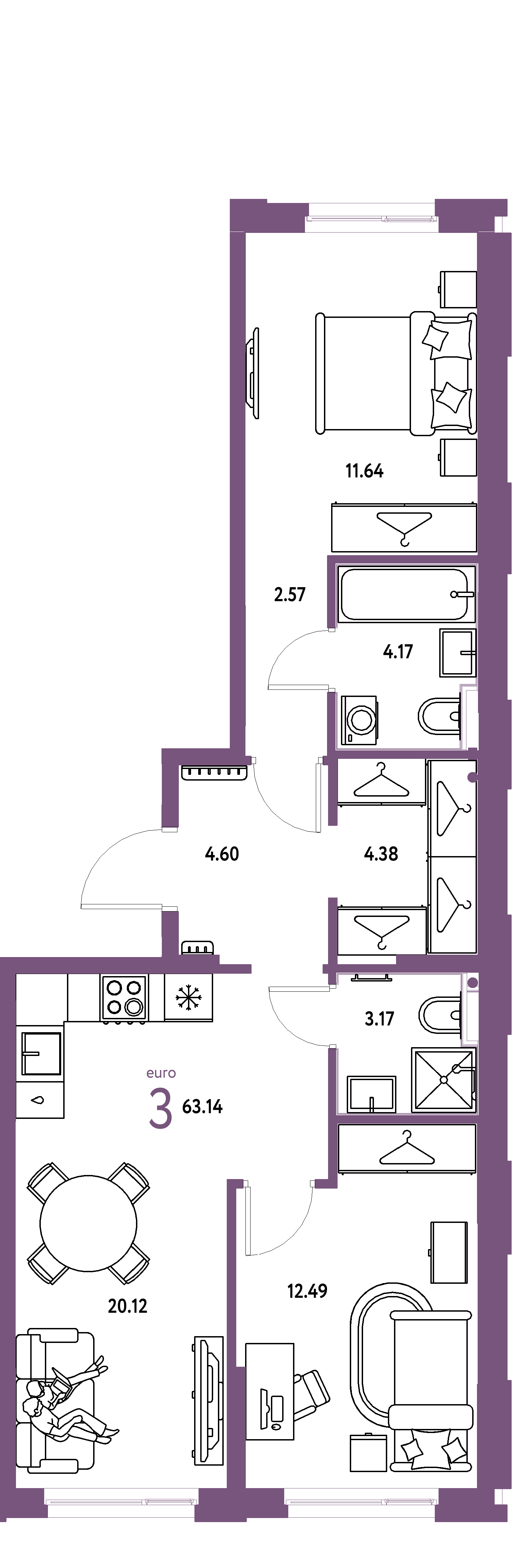 Планировка: Евротрёшка 63,14 м² в ЖК «Европейский берег 2.0»