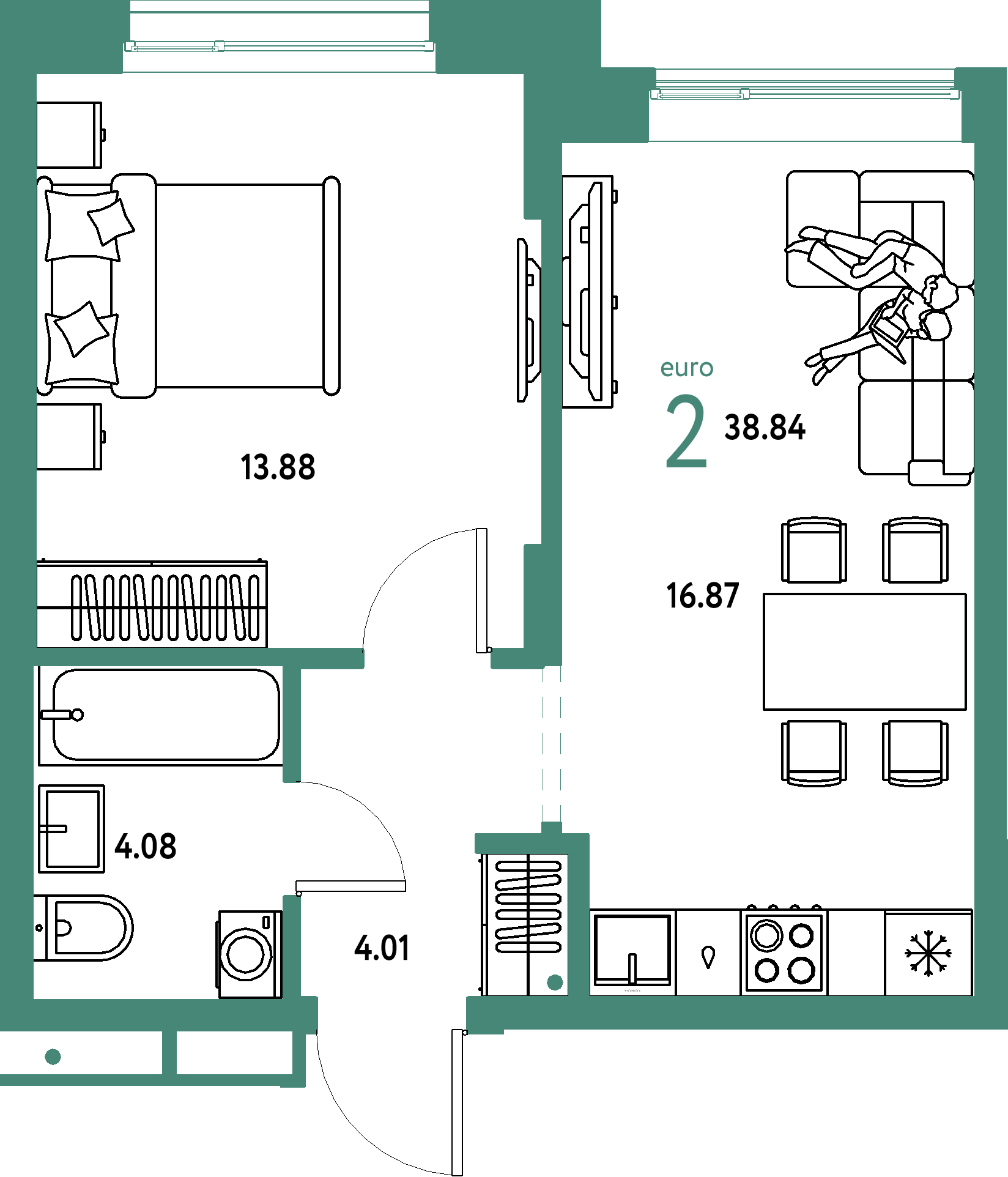 Планировка: Евродвушка 38,84 м² в ЖК «Домашний»