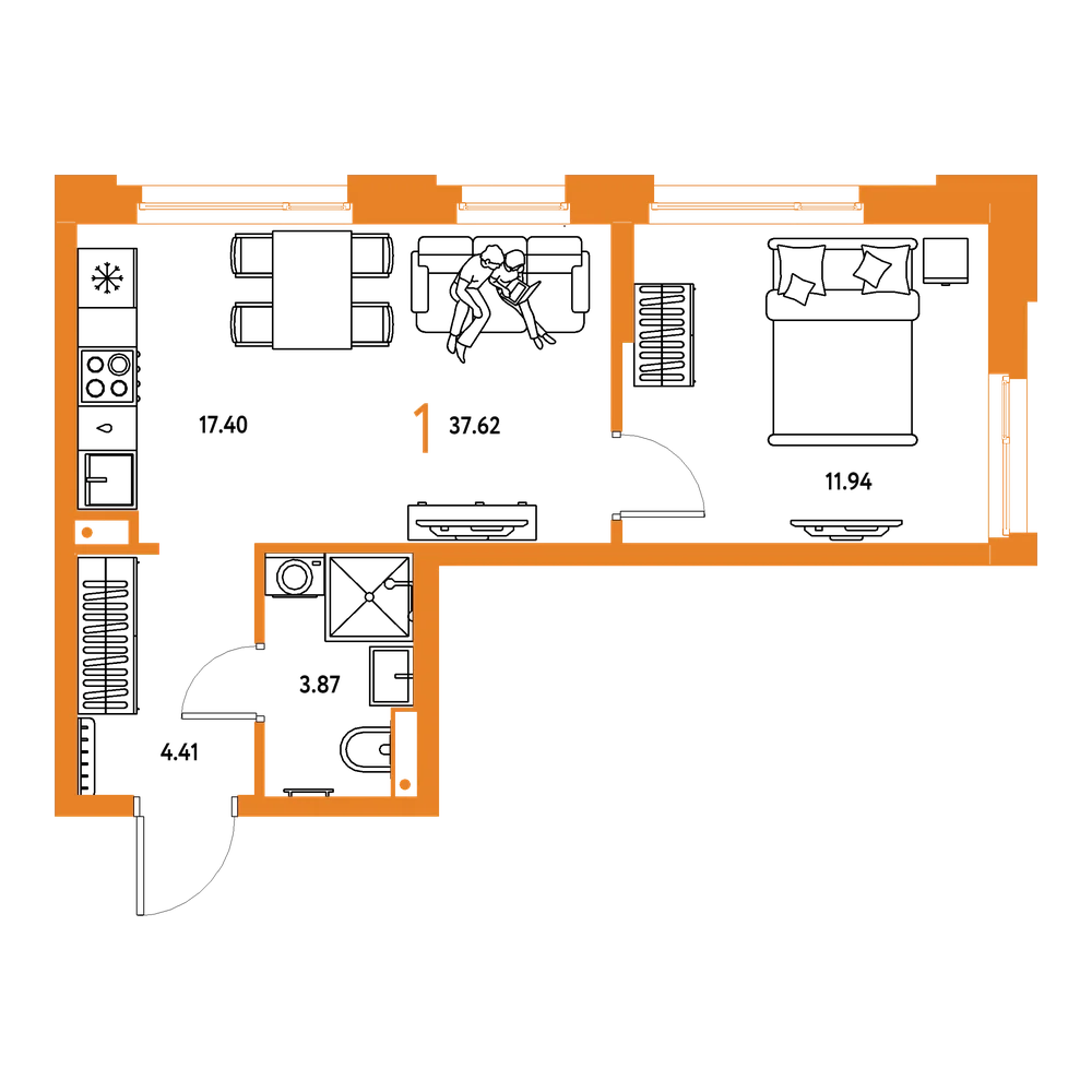Планировка: 1-комнатная 37,62 м²
