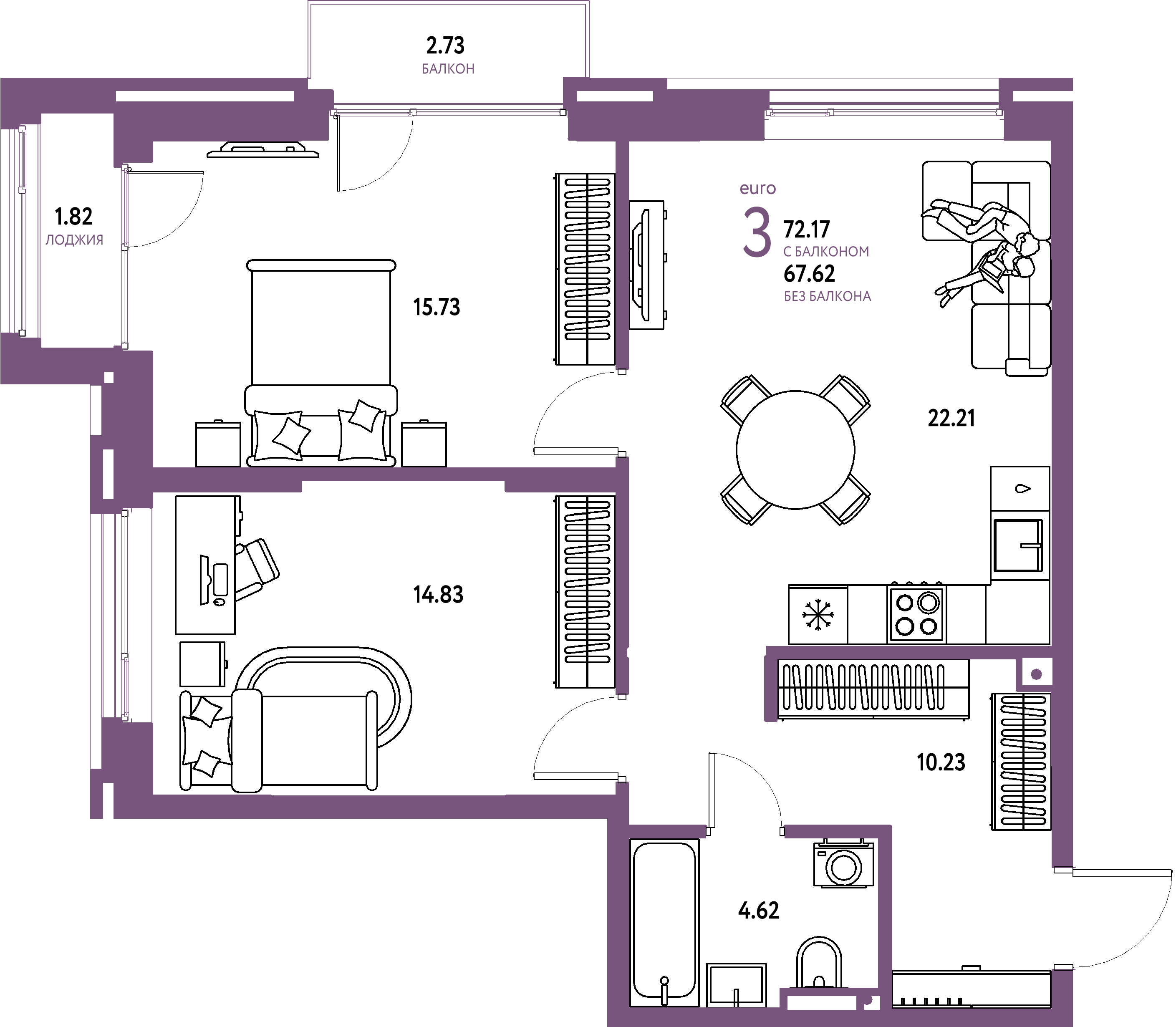 Планировка: Евротрёшка 72,17 м² в ЖК «Страна.Прибрежная»