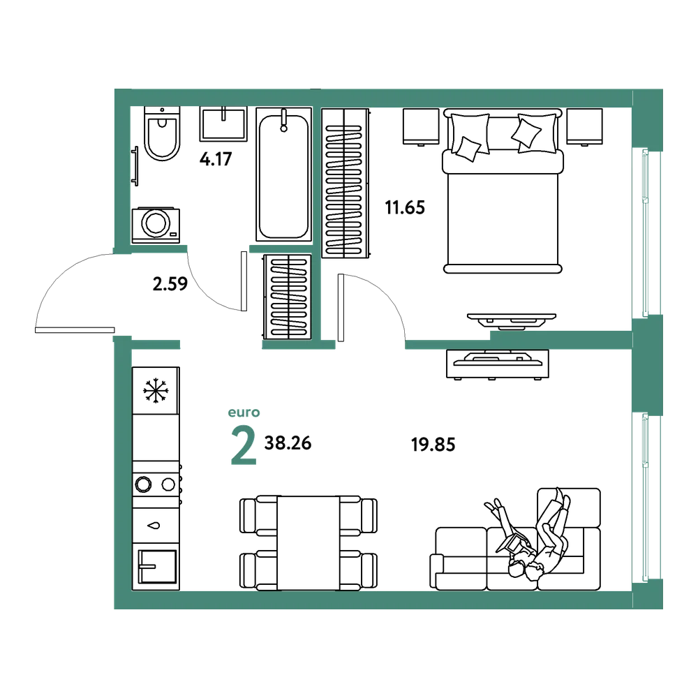 Планировка: Евродвушка 38,26 м²