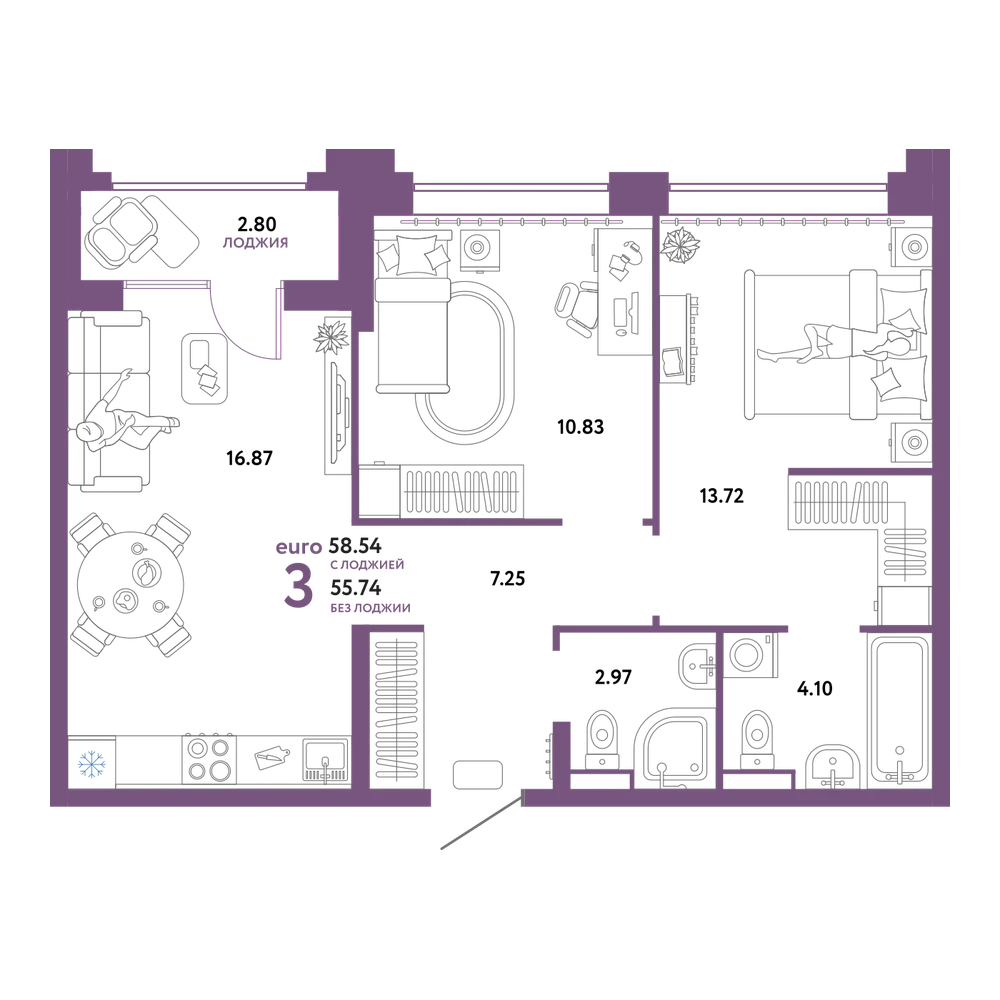 Планировка: Евротрёшка 58,54 м²
