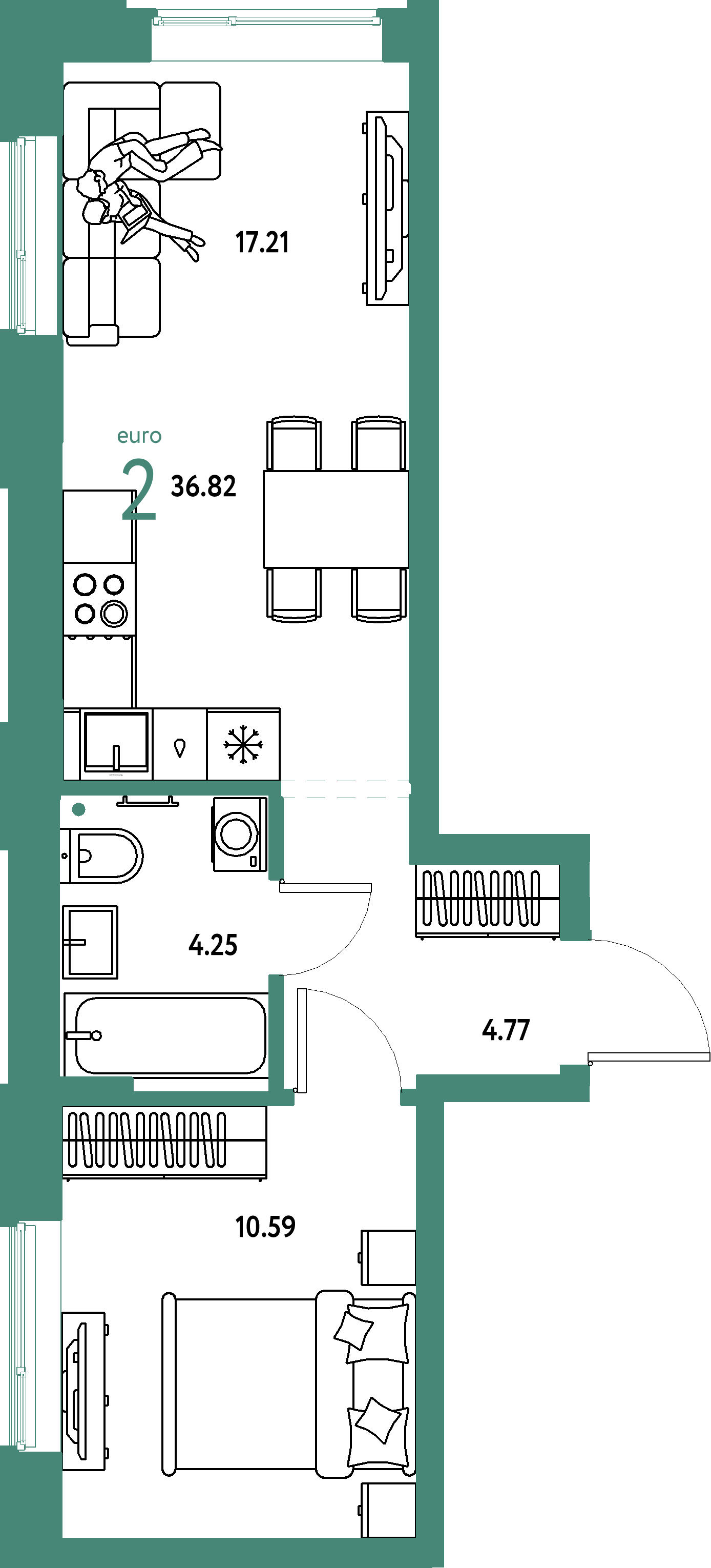 Планировка: Евродвушка 36,82 м² в ЖК «Домашний»