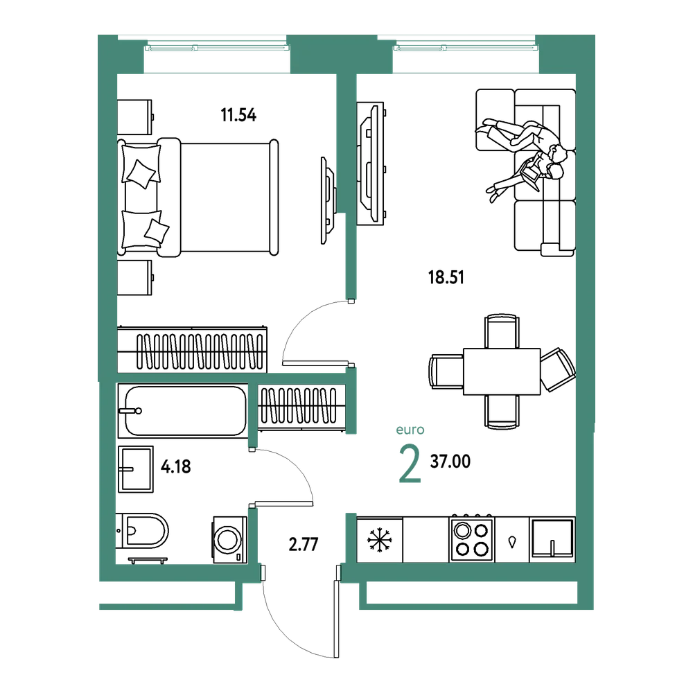 Планировка: Евродвушка 37 м²