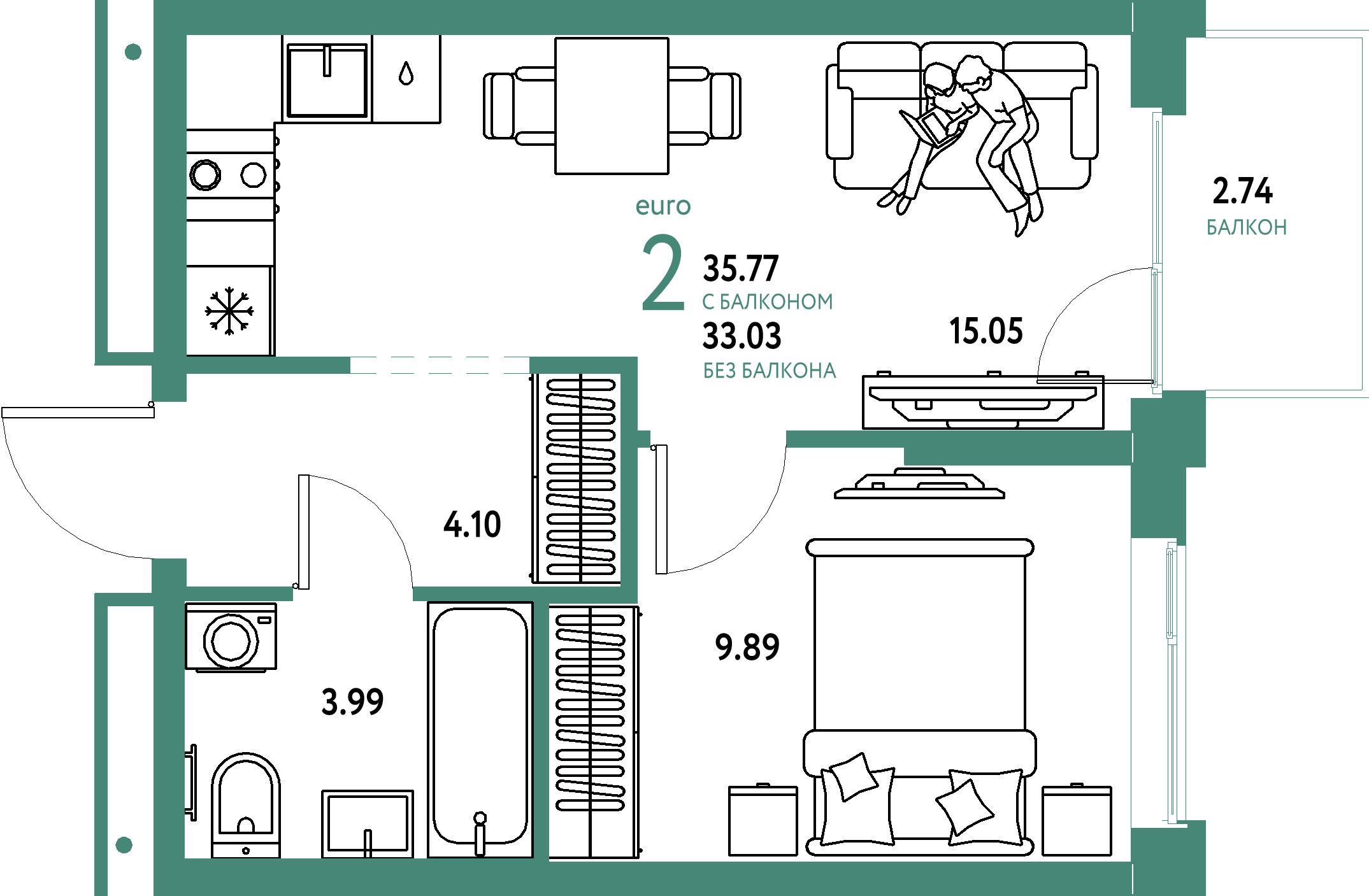 Планировка: Евродвушка 35,77 м² в ЖК «Домашний»
