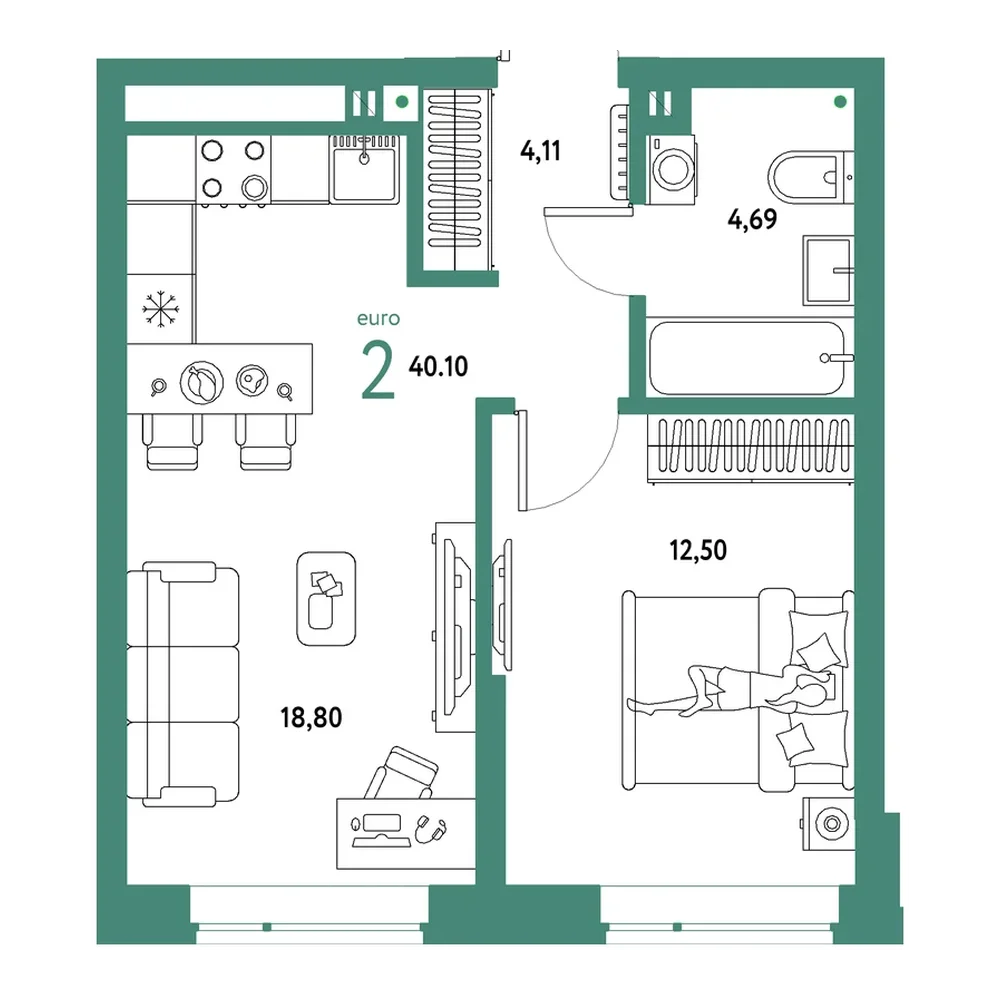 Планировка: Евродвушка 40,1 м²