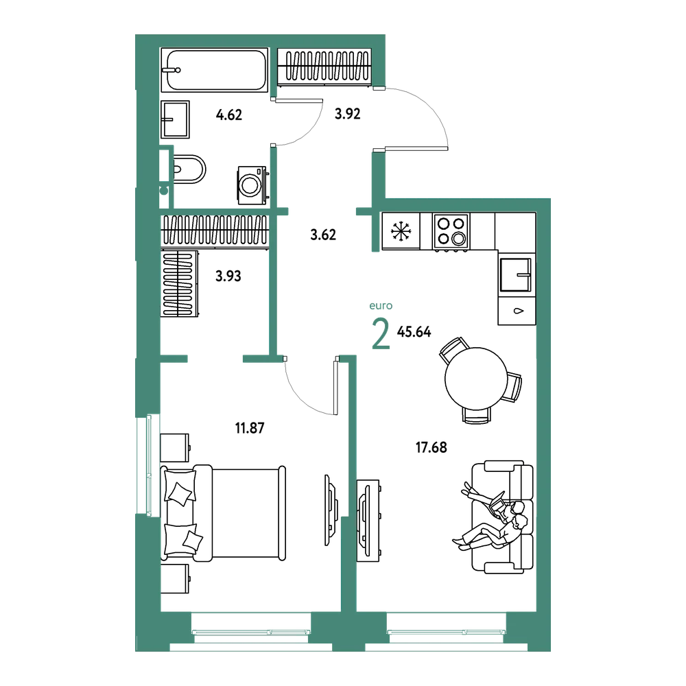 Планировка: Евродвушка 45,64 м²