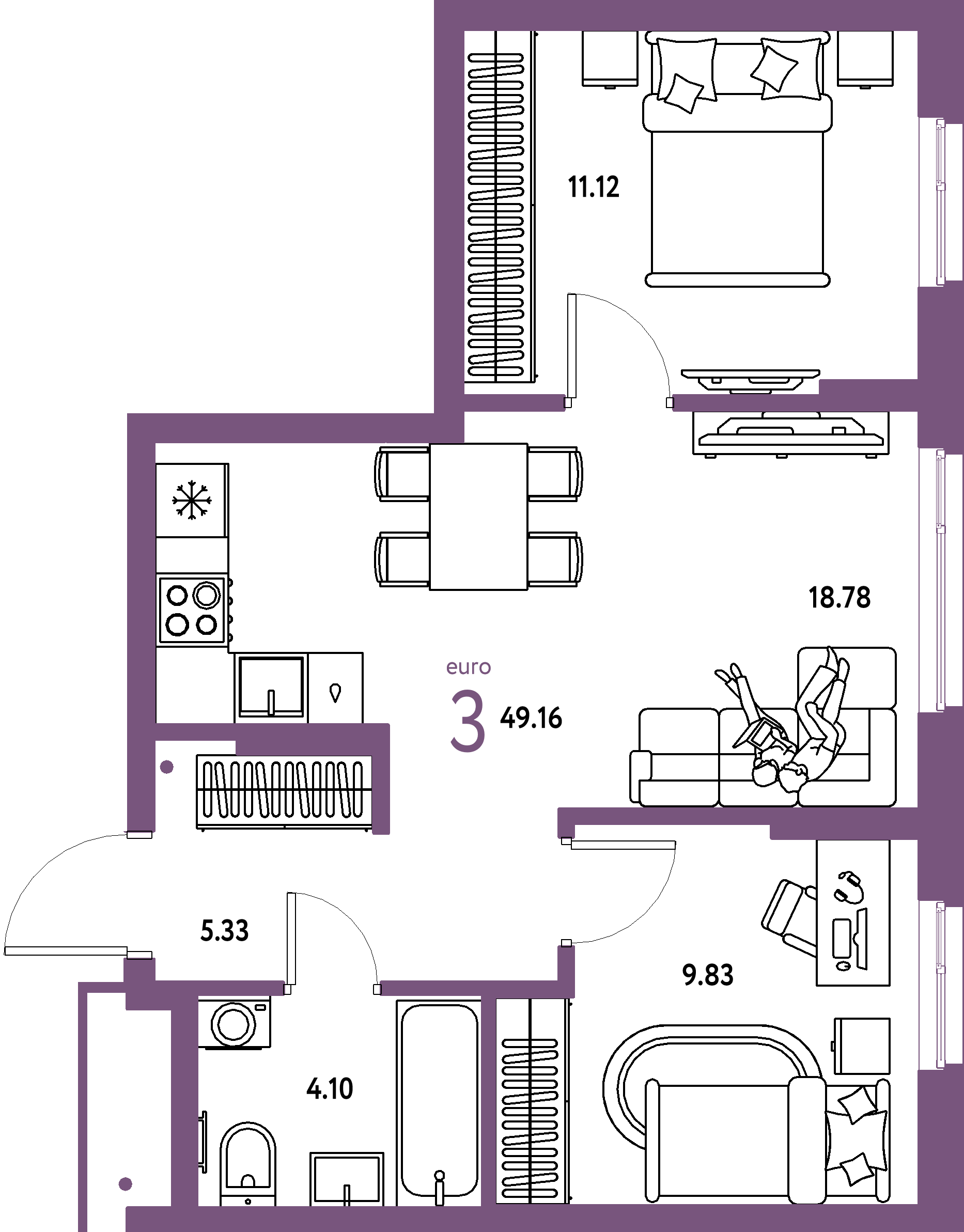 Планировка: Евротрёшка 49,16 м² в ЖК «Домашний»
