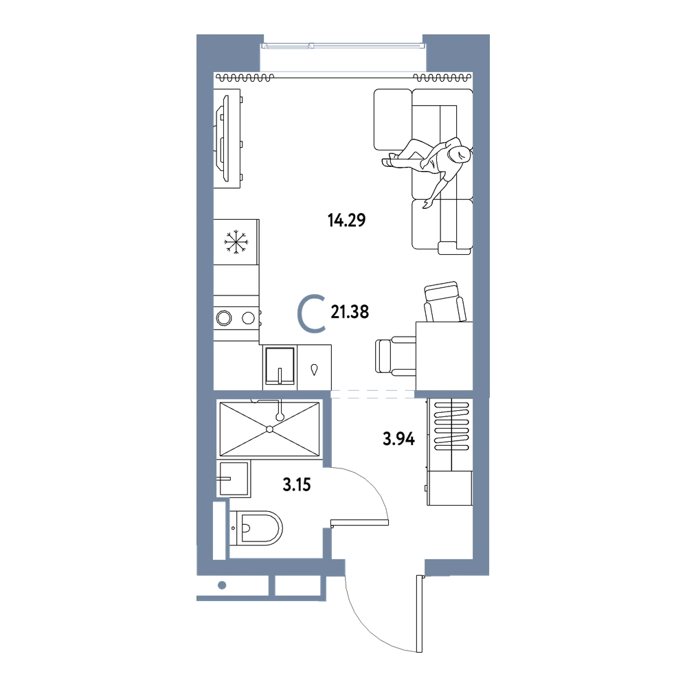 Планировка: Студия 21,38 м²