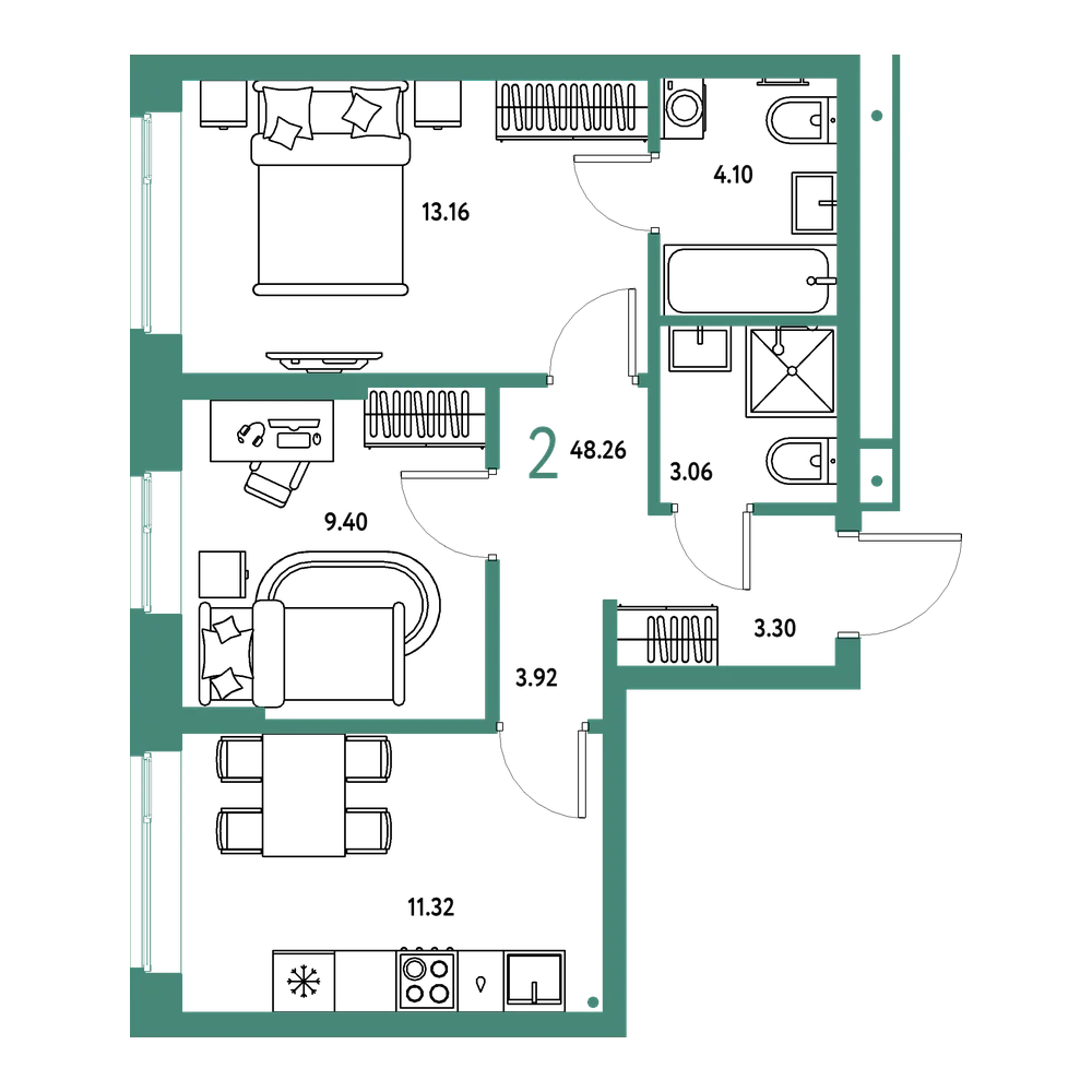 Планировка: 2-комнатная 48,26 м²