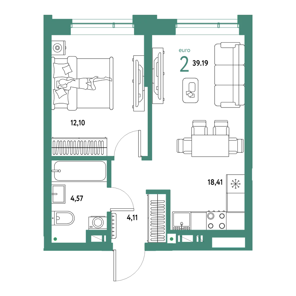 Планировка: Евродвушка 39,19 м²