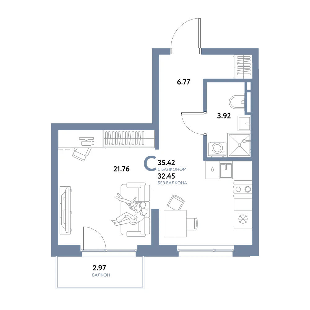 Планировка: Студия 35,42 м²