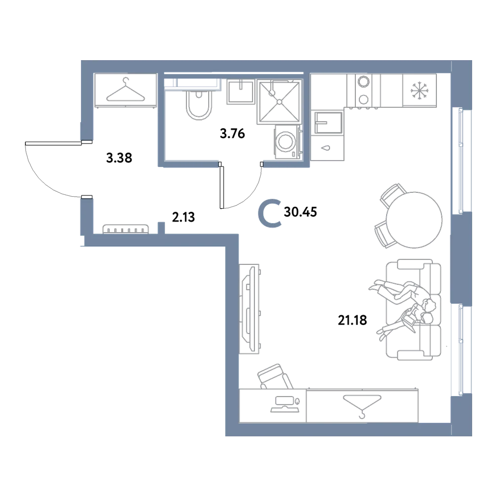 Планировка: Студия 30,45 м²
