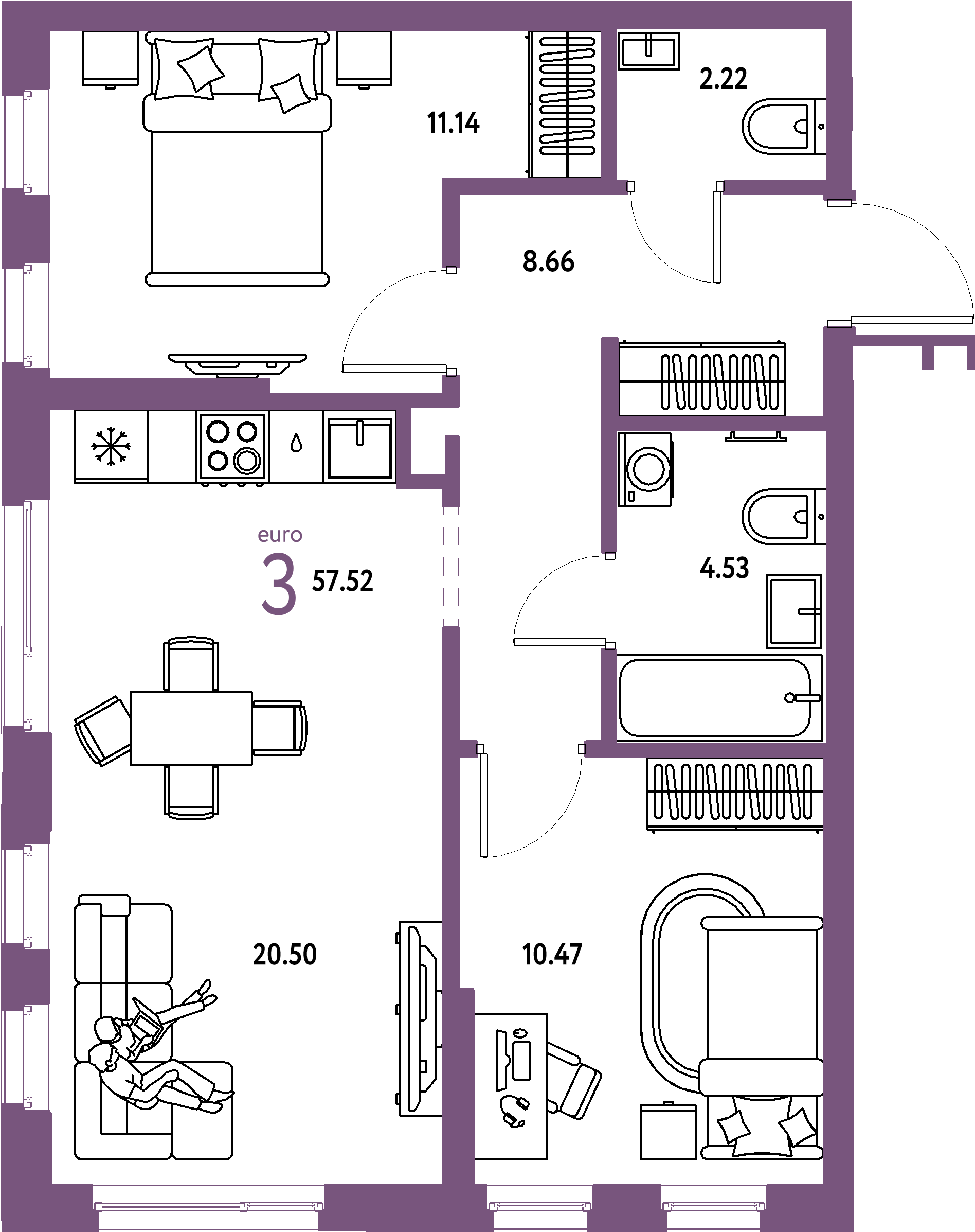 Планировка: Евротрёшка 57,52 м² в ЖК «Домашний»