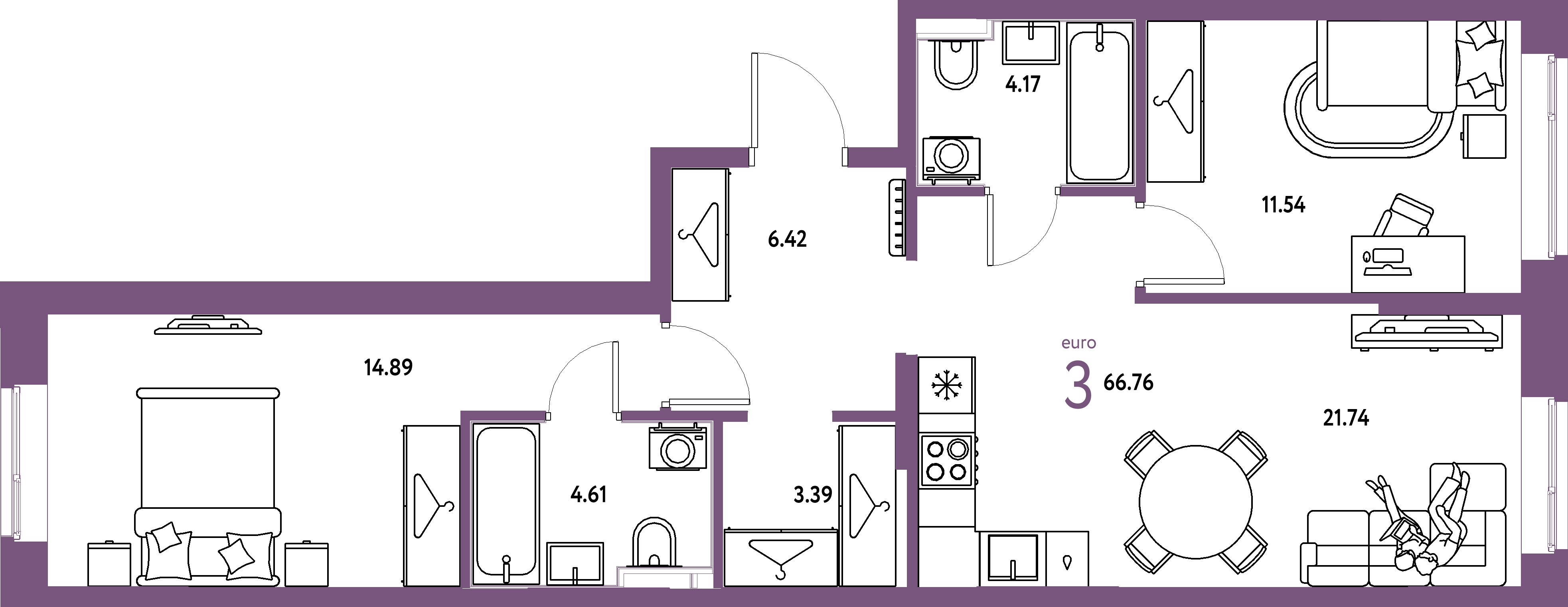 Планировка: Евротрёшка 66,76 м² в ЖК «Европейский берег 2.0»