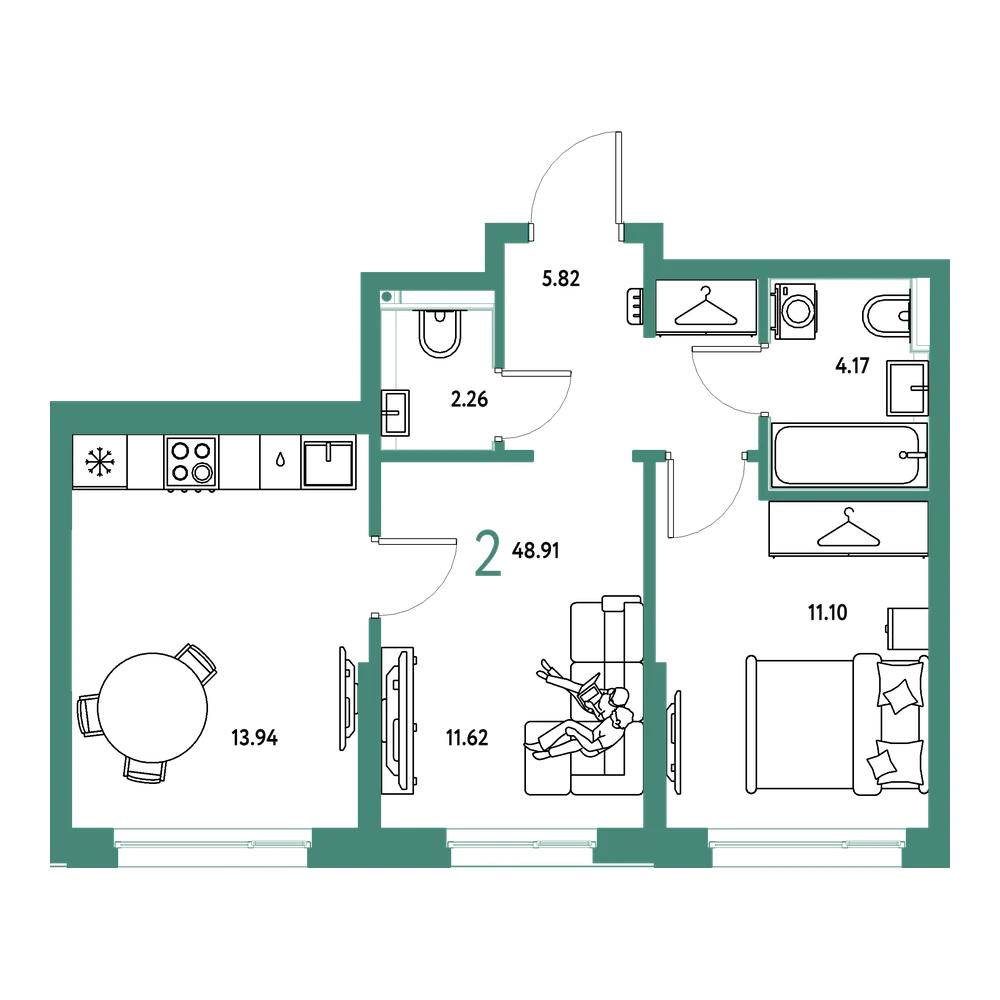 Планировка: 2-комнатная 48,91 м²