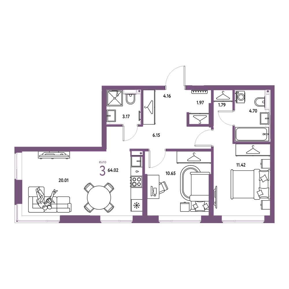 Планировка: Евротрёшка 64,02 м²