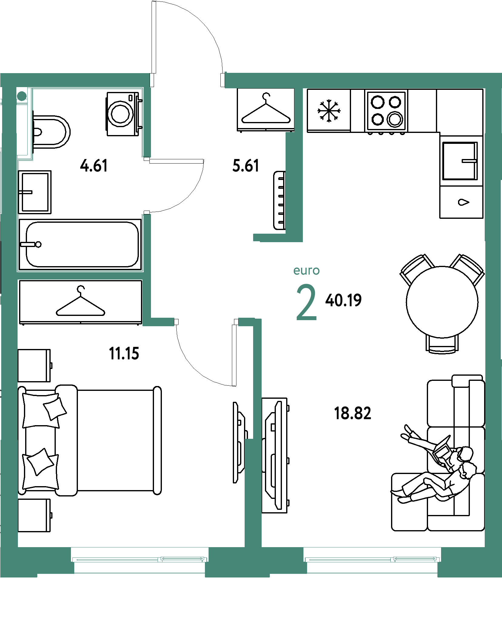 Планировка: Евродвушка 40,19 м² в ЖК «Европейский берег 2.0»