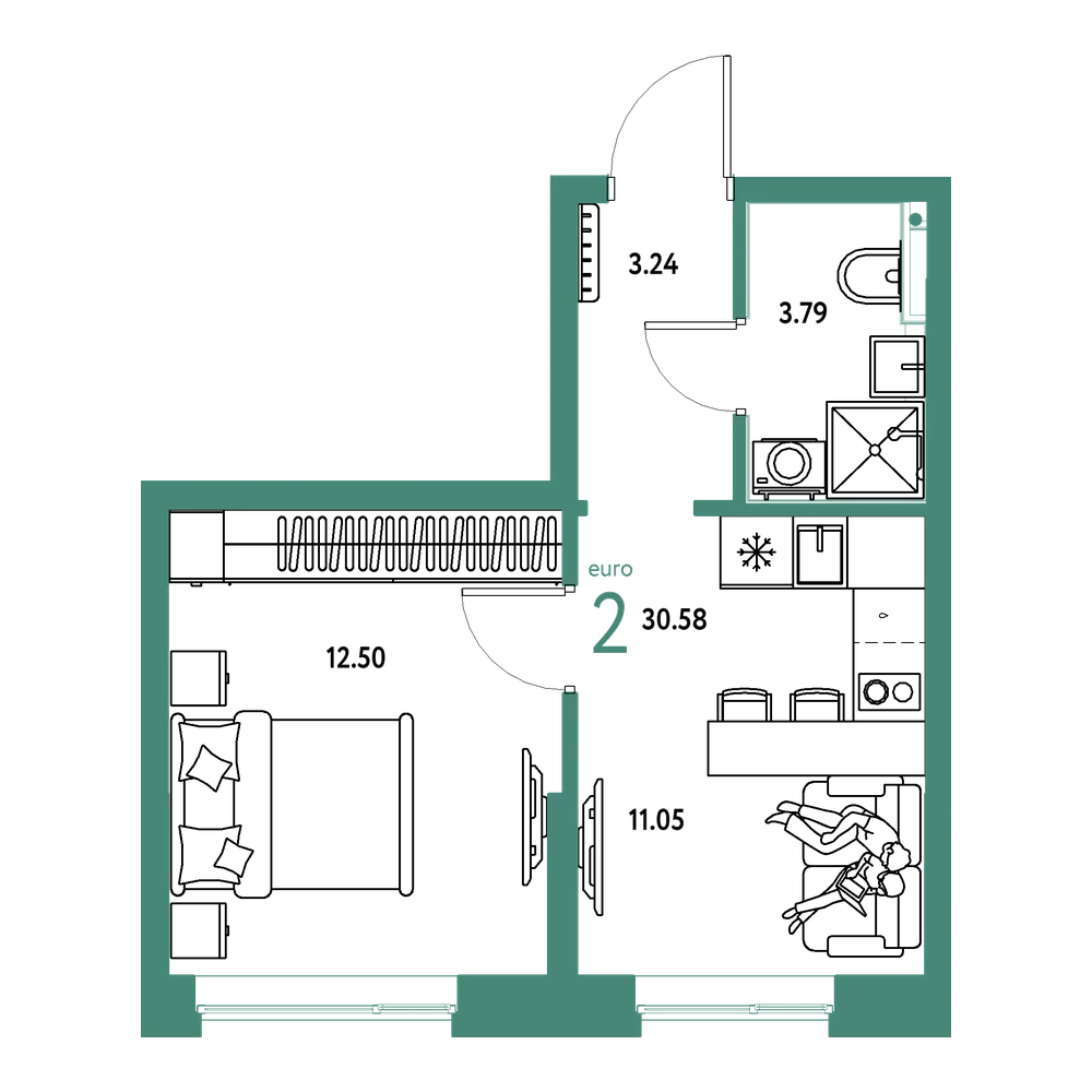 Планировка: Евродвушка 30,58 м²