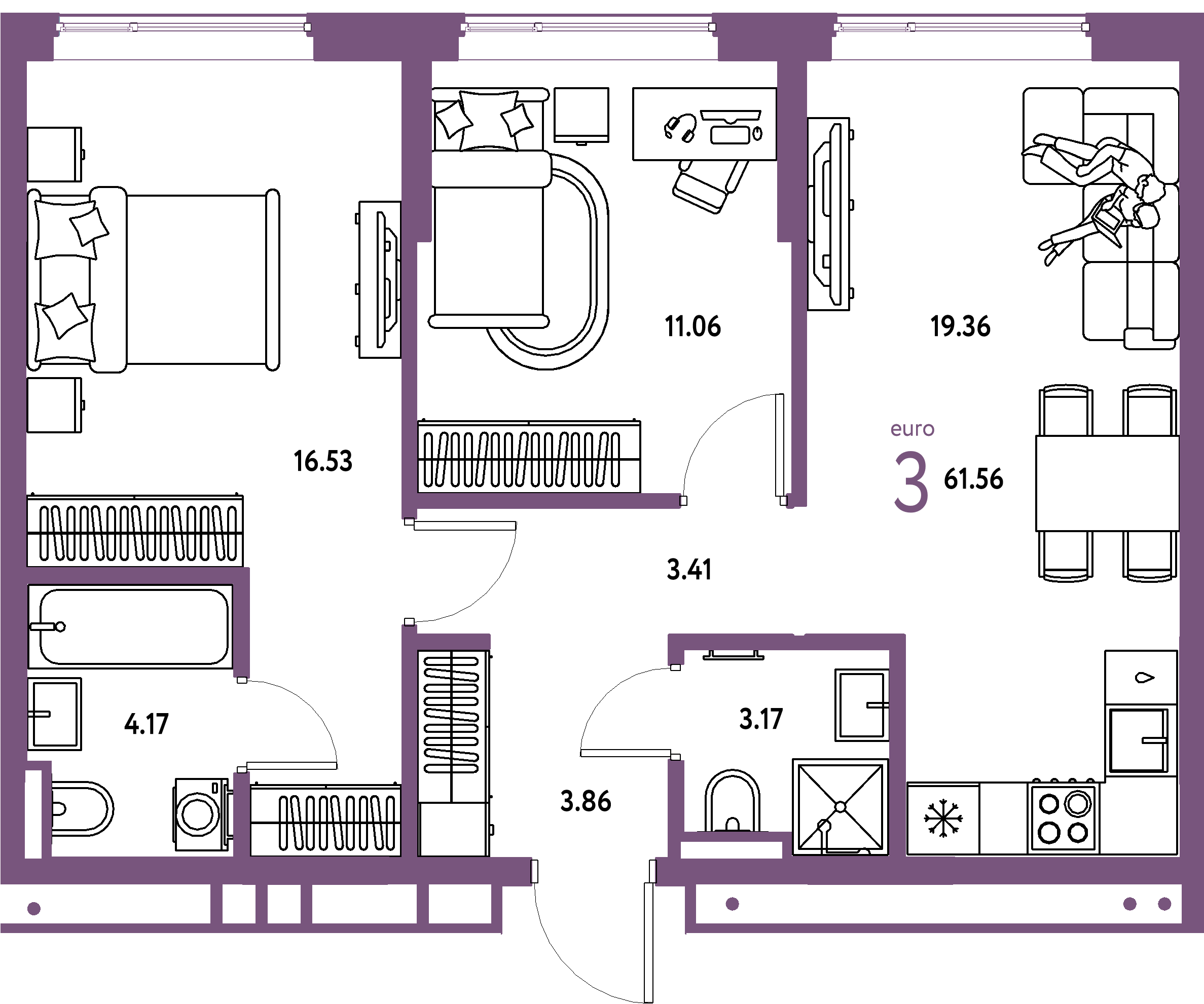 Планировка: Евротрёшка 61,56 м² в ЖК «Страна.Прибрежная»