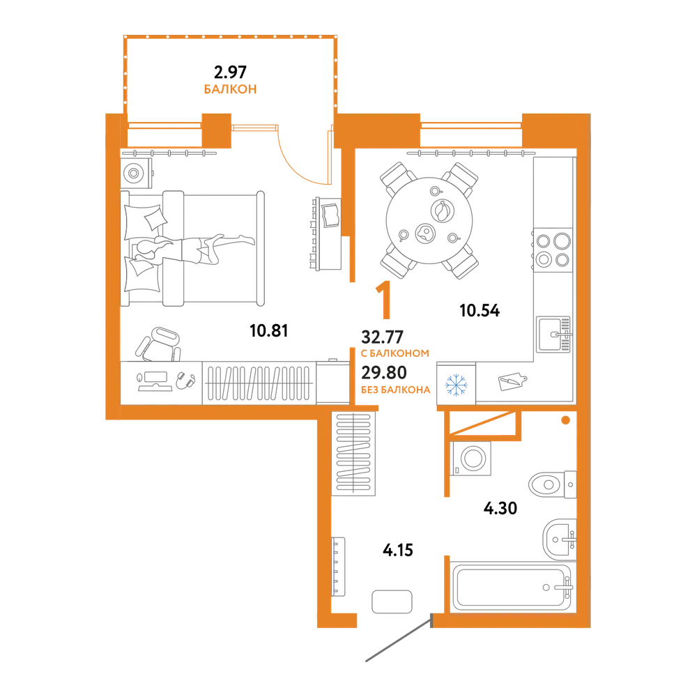Планировка: 1-комнатная 32,77 м²