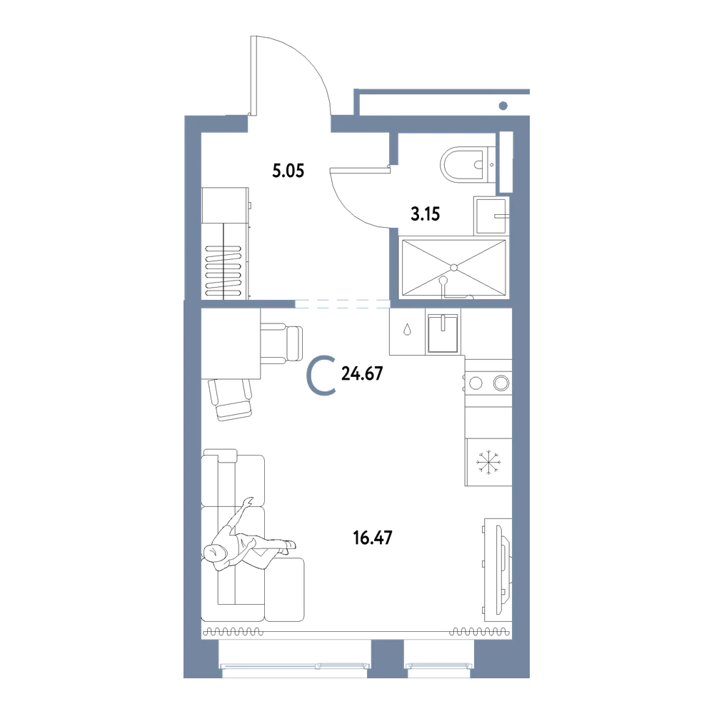 Планировка: Студия 24,67 м²