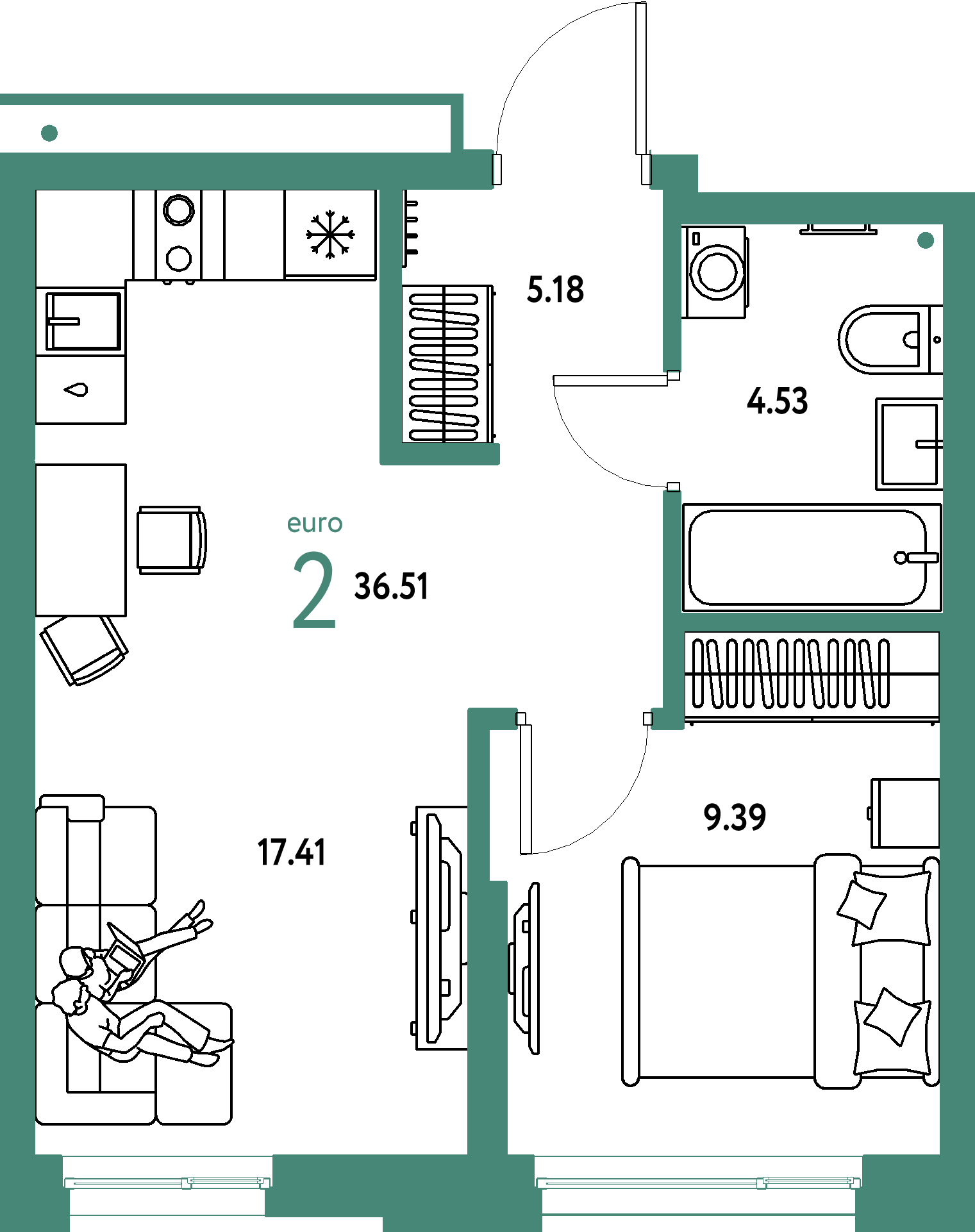 Планировка: Евродвушка 36,51 м² в ЖК «Домашний»