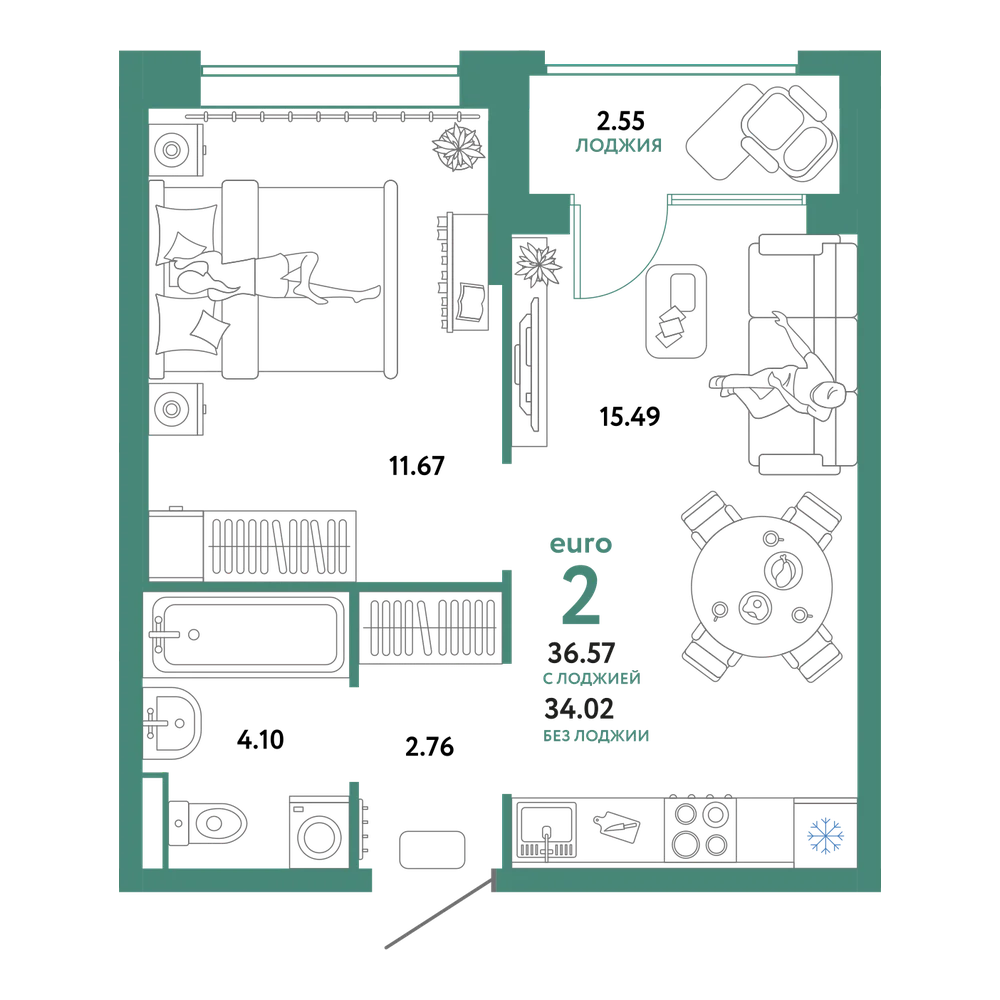 Планировка: Евродвушка 36,57 м²