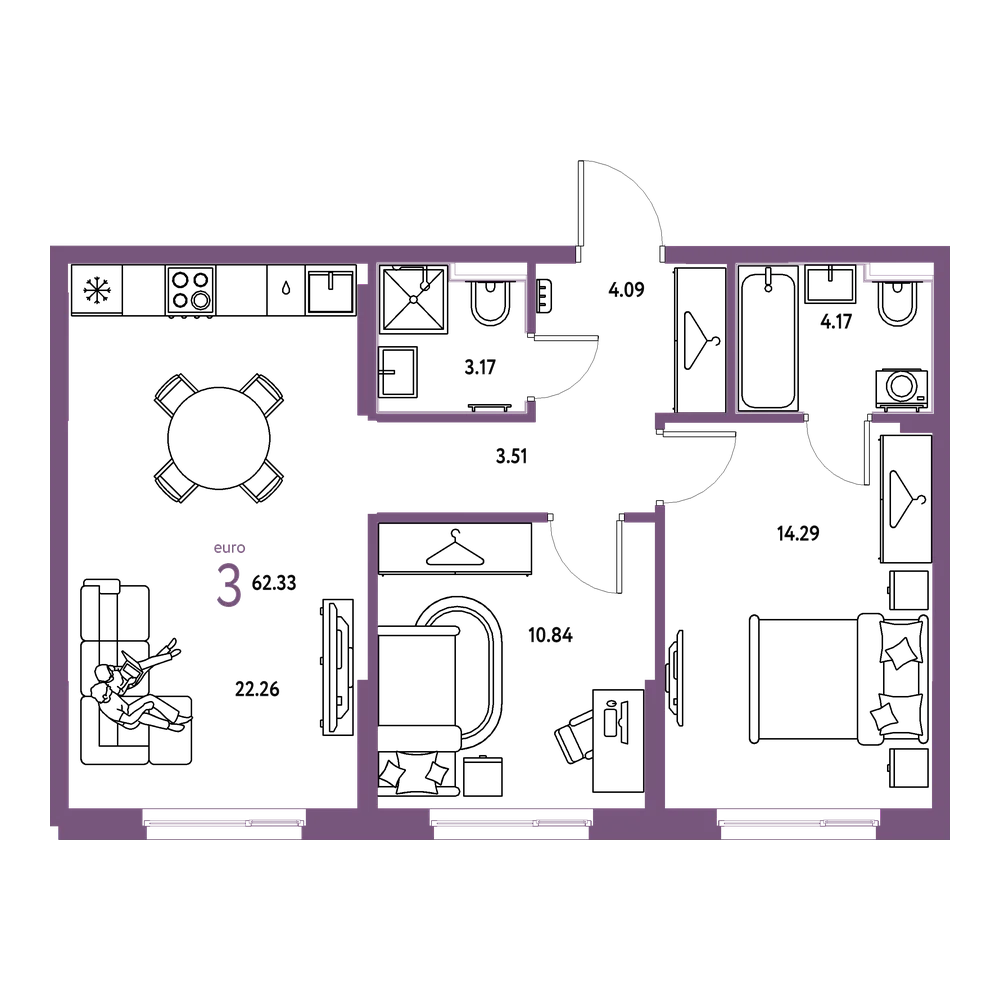 Планировка: Евротрёшка 62,33 м²