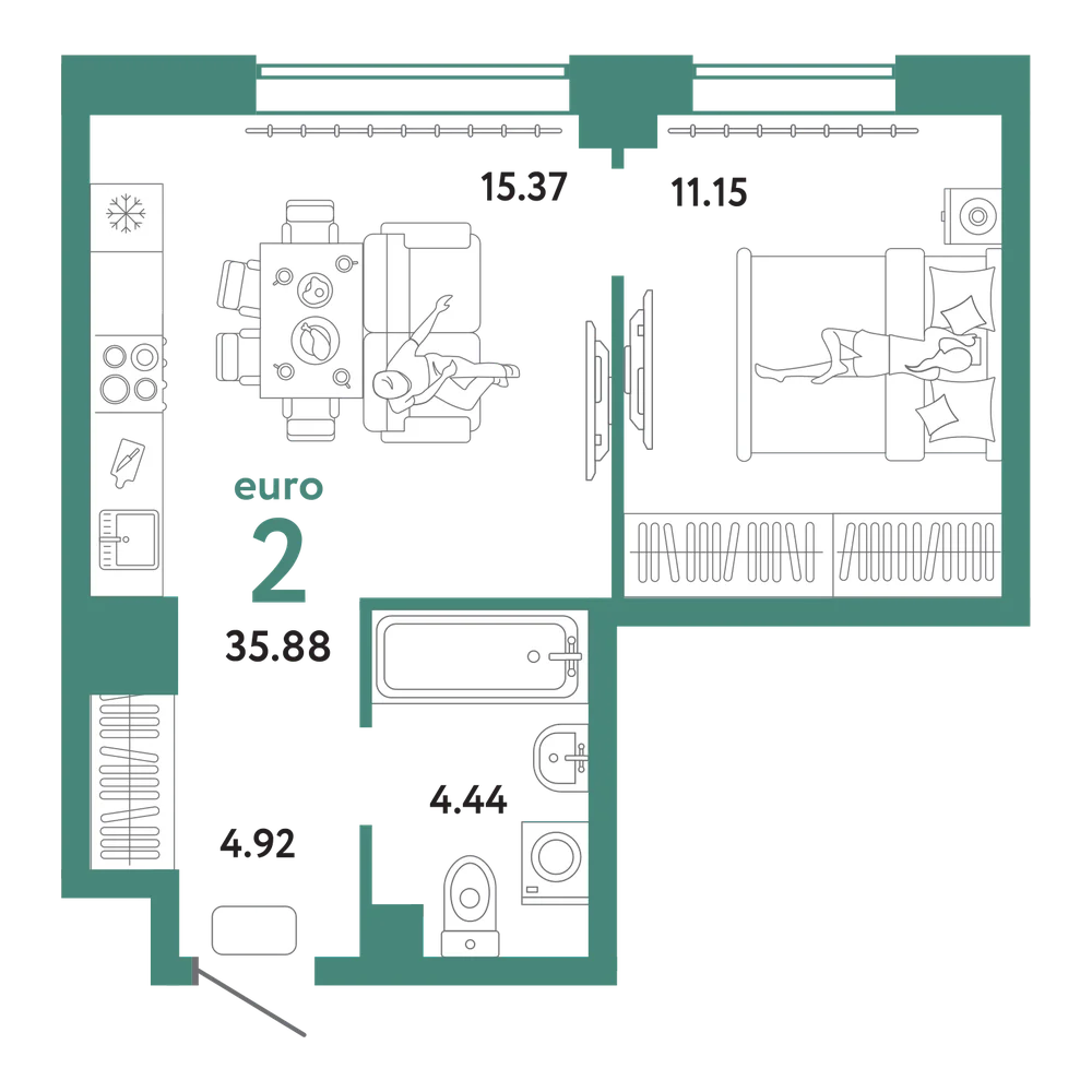 Планировка: Евродвушка 35,88 м²