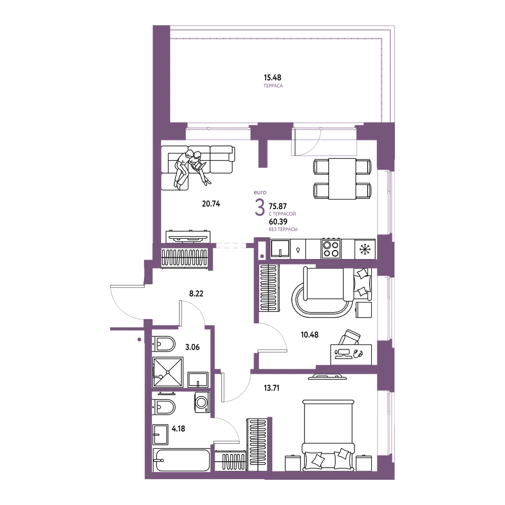 Планировка: Евротрёшка 75,87 м²