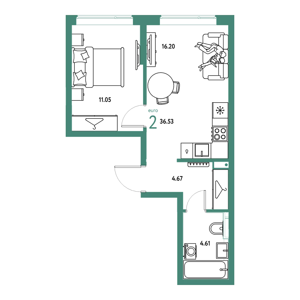 Планировка: Евродвушка 36,53 м²