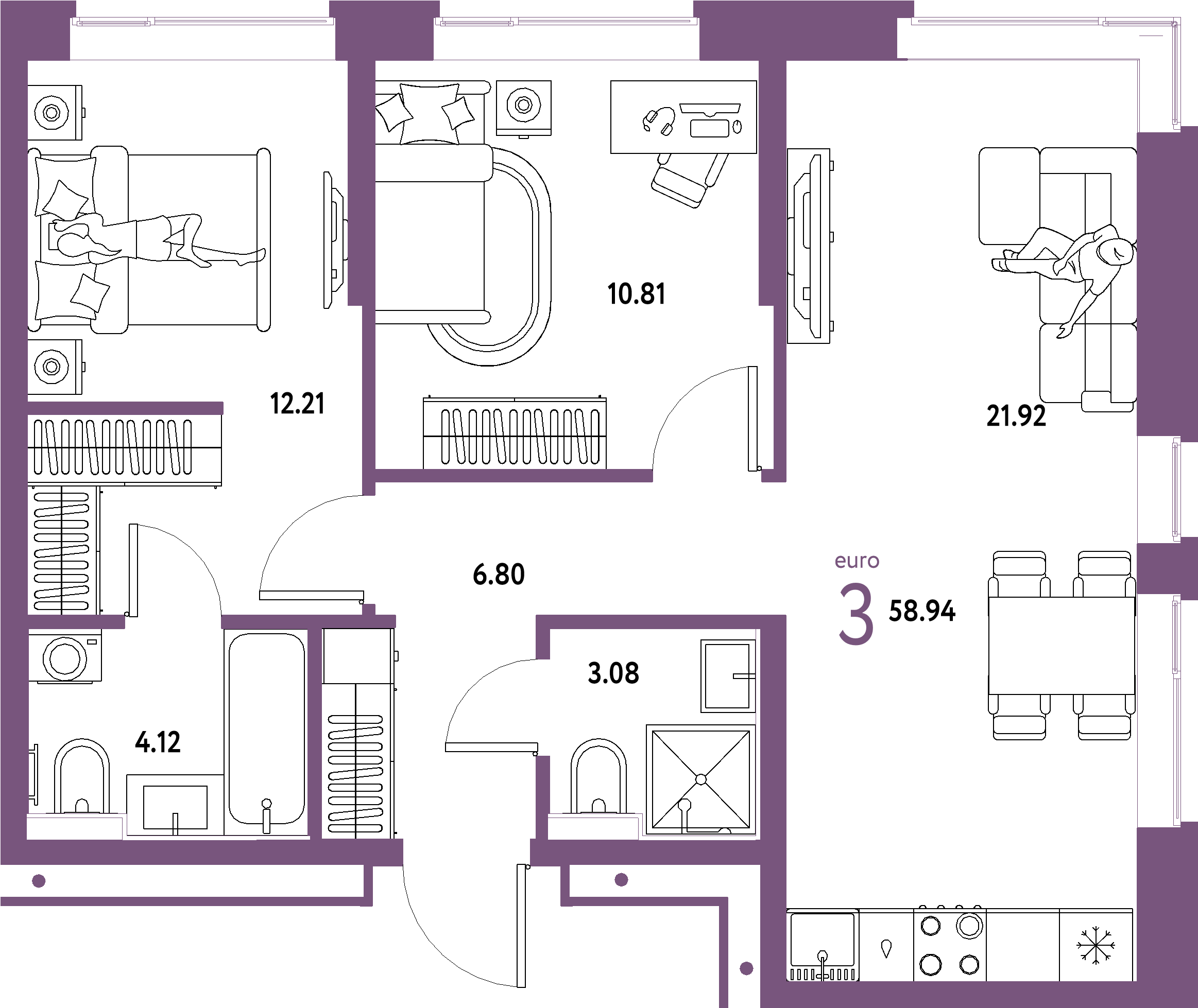 Планировка: Евротрёшка 58,94 м² в ЖК «Домашний»