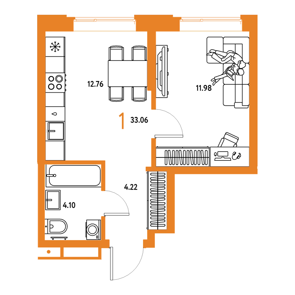 Планировка: 1-комнатная 33,06 м²