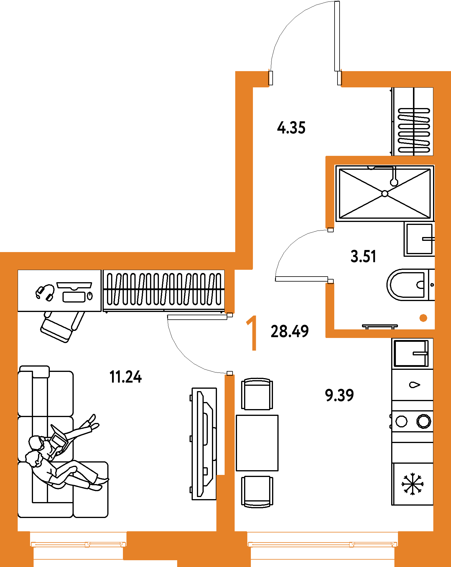 Планировка: 1-комнатная 28,49 м² в ЖК «Домашний»