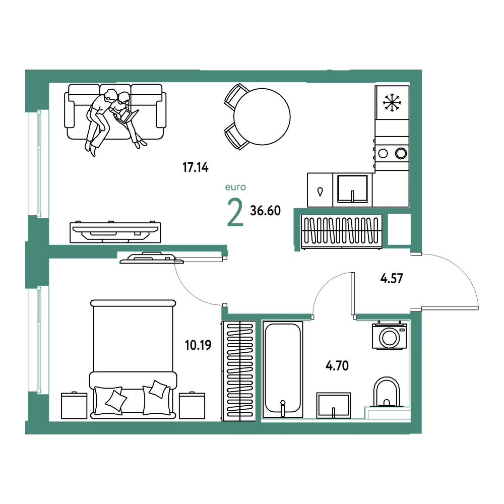 Планировка: Евродвушка 36,6 м²