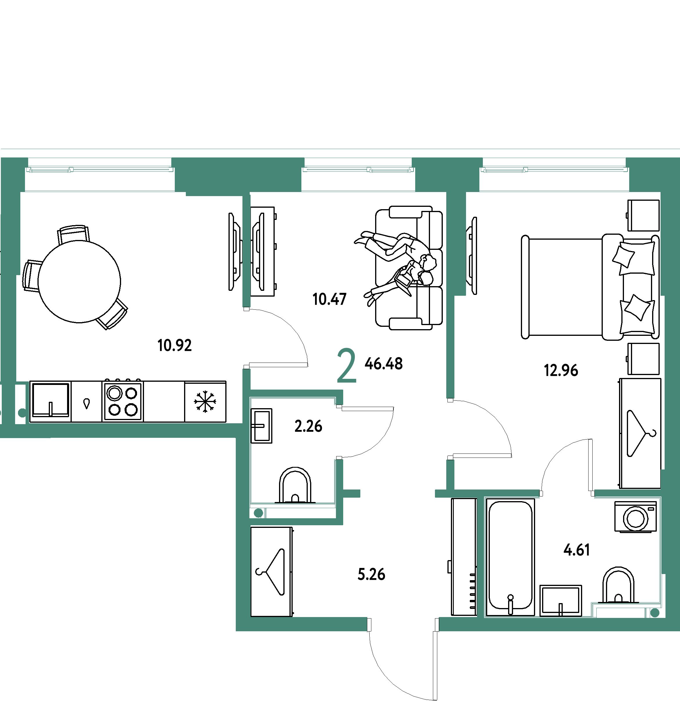 Планировка: 2-комнатная 46,48 м² в ЖК «Европейский берег 2.0»