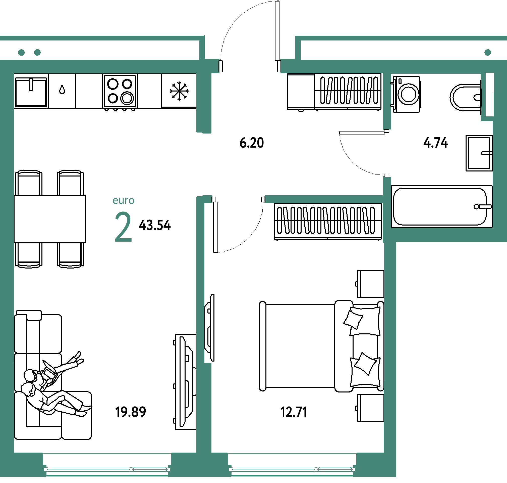 Планировка: Евродвушка 43,54 м² в ЖК «Страна.Прибрежная»