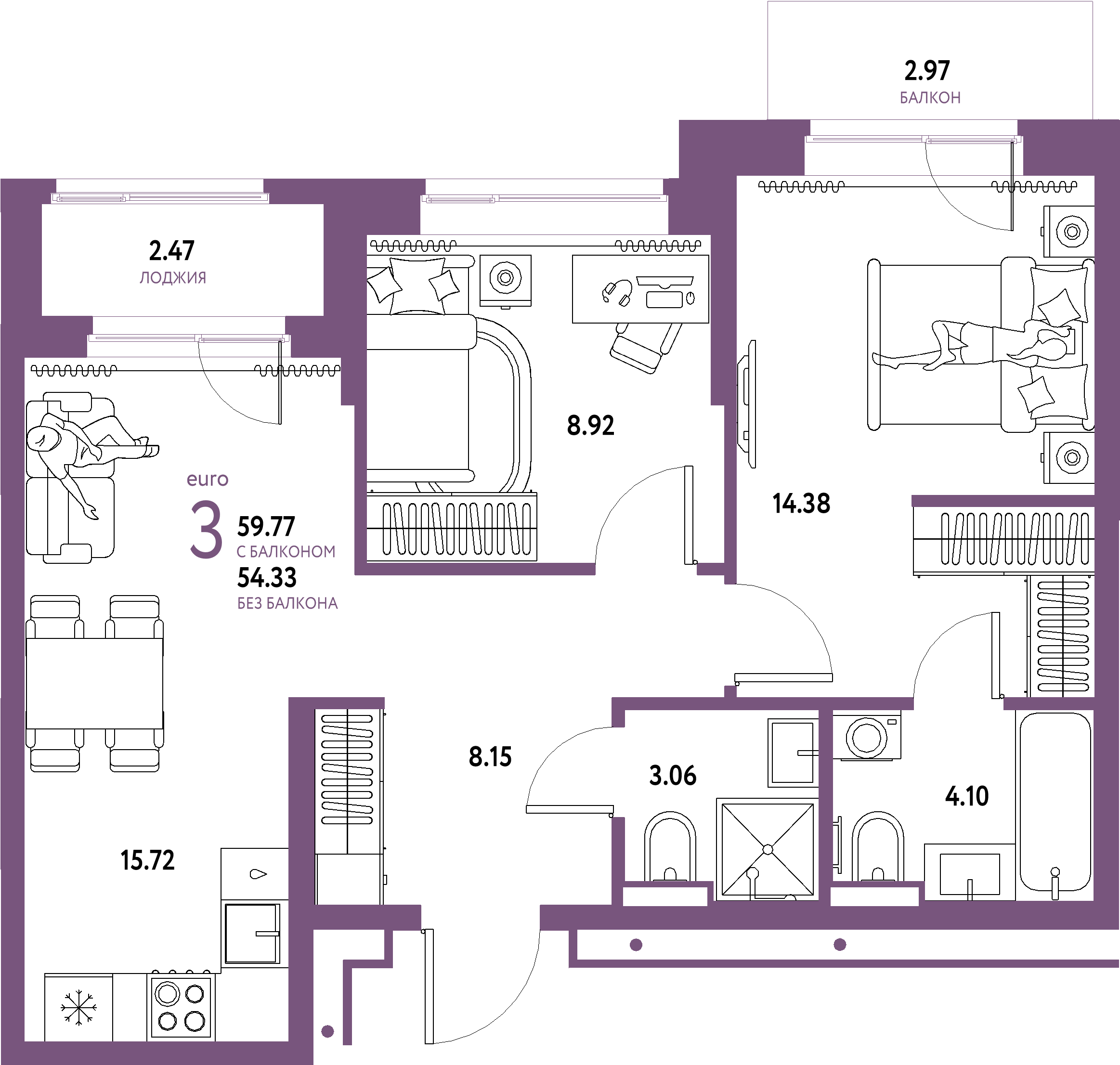 Планировка: Евротрёшка 59,77 м² в ЖК «Домашний»