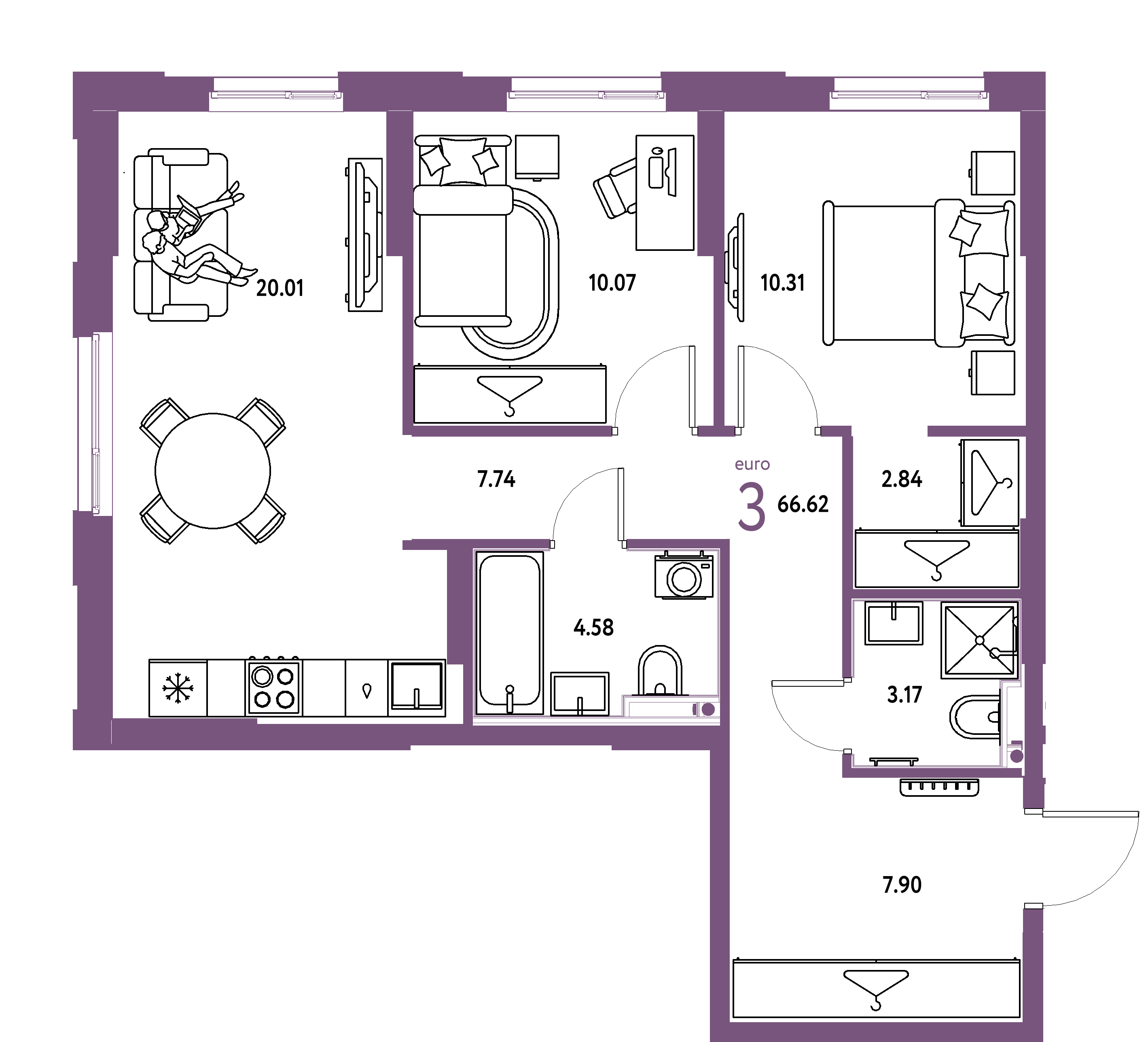 Планировка: Евротрёшка 66,62 м² в ЖК «Европейский берег 2.0»