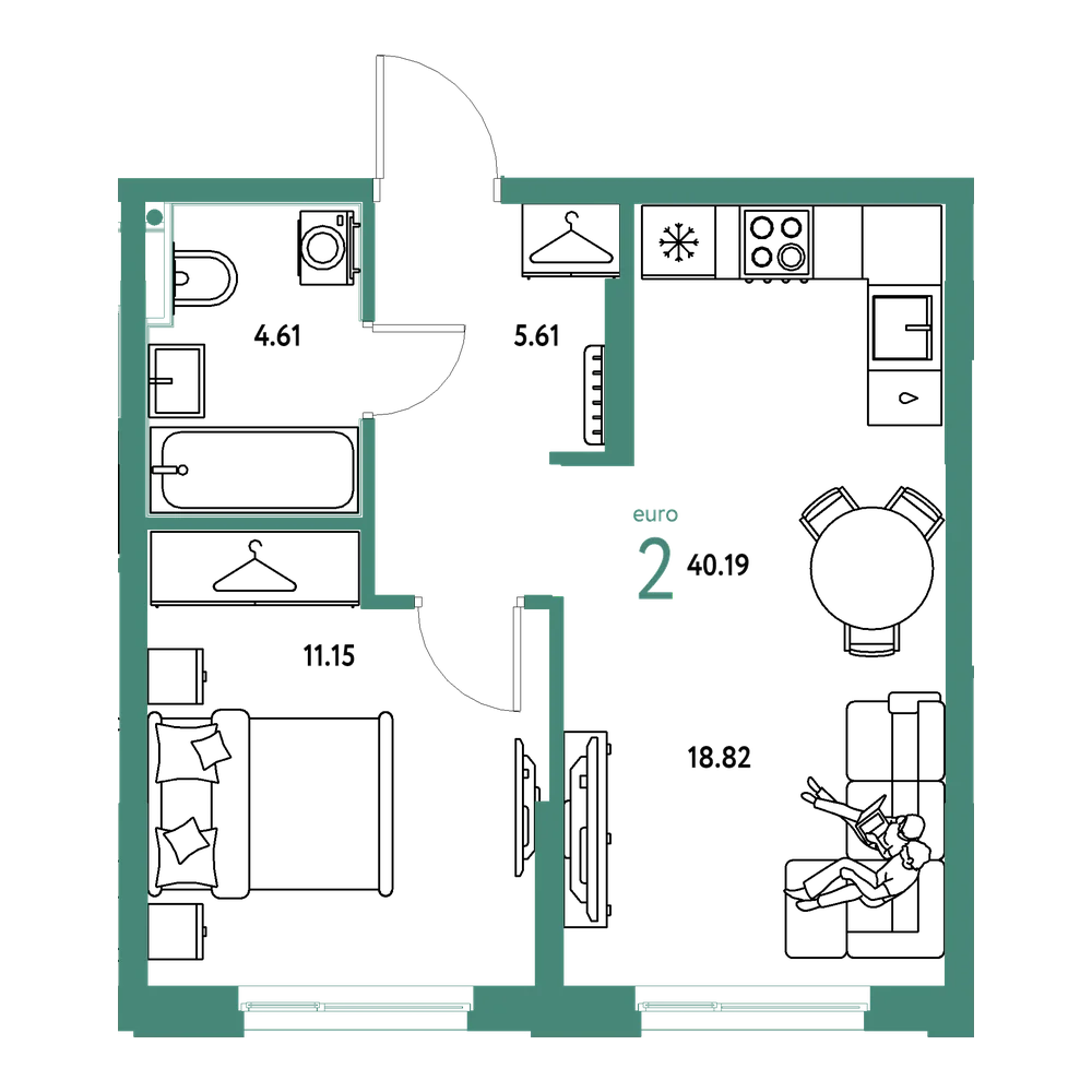 Планировка: Евродвушка 40,19 м²