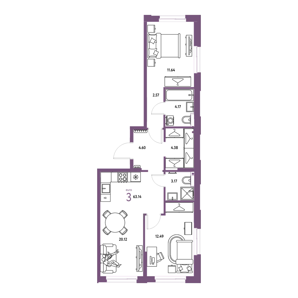 Планировка: Евротрёшка 63,14 м²