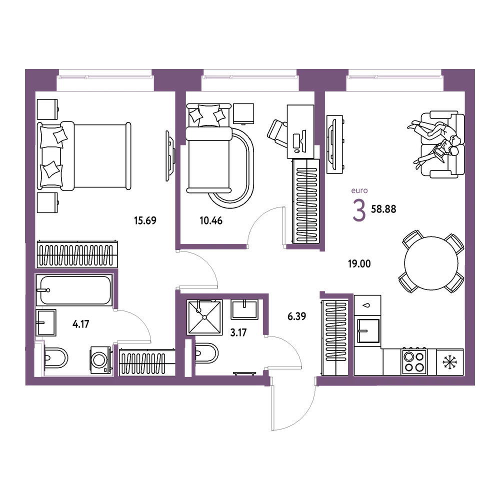 Планировка: Евротрёшка 58,88 м²