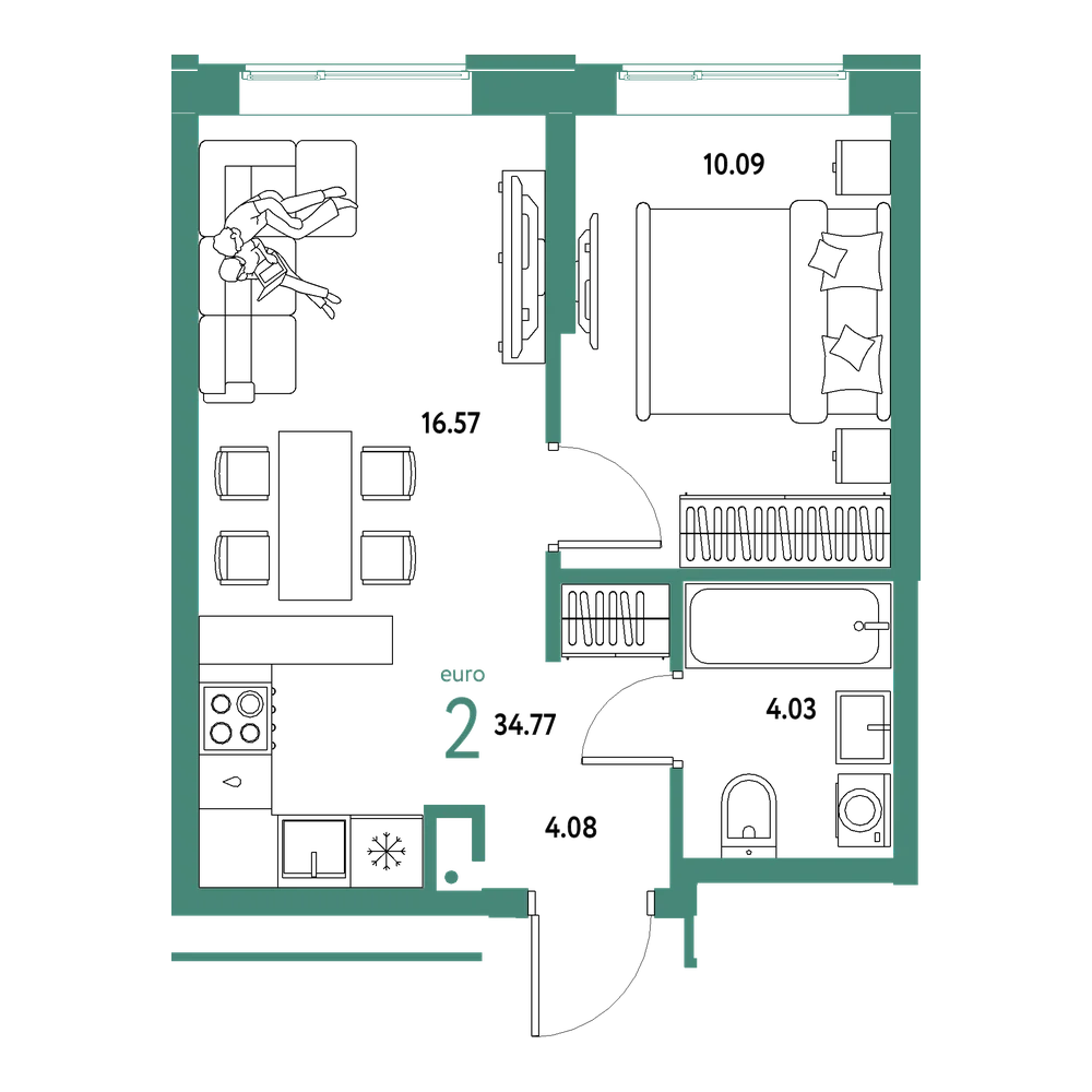 Планировка: Евродвушка 34,77 м²